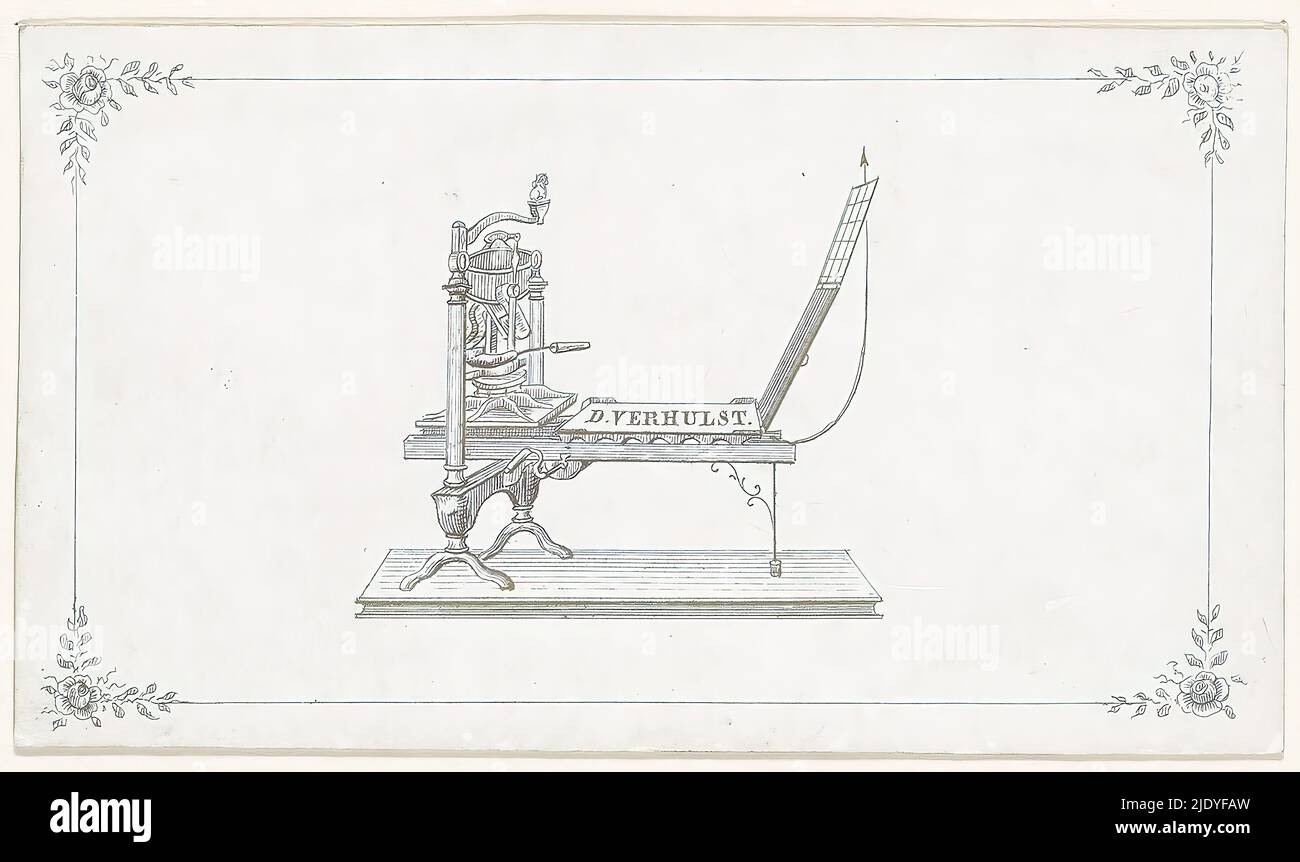 Visitenkarte mit einer Druckmaschine und dem Namen D. Verhulst, Druckerei: Anonymous, c. 1840 - c. 1875, Material, Höhe 48 mm × Breite 85 mm Stockfoto