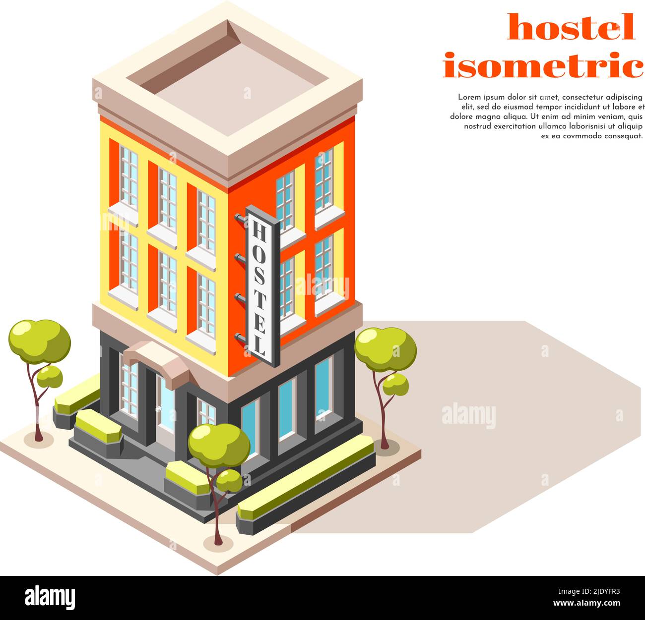 Hostel isometrische Zusammensetzung der modernen mehrstöckigen Gebäude mit Schild Bäume und Stadt Infrastruktur Vektor Illustration Stock Vektor