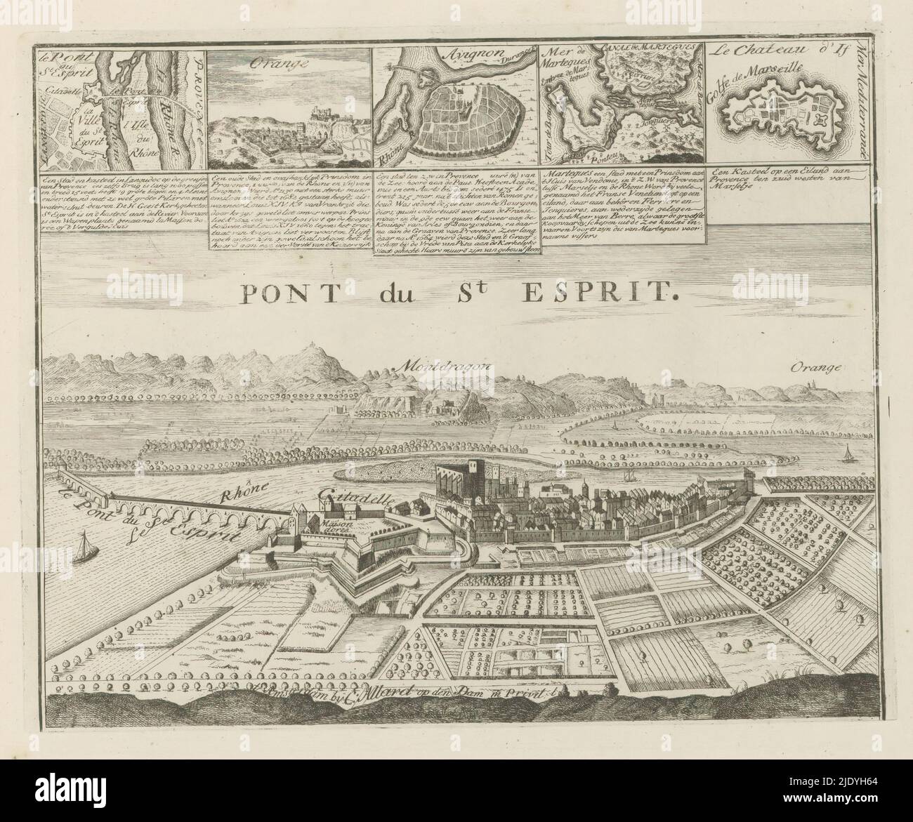 Ansicht von Pont-Saint-Esprit, Pont du St. Esprit (Titel auf Objekt), Les Principales Forteresses & Villes Fortes, d'Espagne, de France, d'Italie, de Savoië, d'Allemagne & des Païs-Bas (... ) / Ausgewählte Bilder der wichtigsten starken Städte und Festungen in Spanien, Frankreich, Italien, Savoyen, Deutschland und den Niederlanden (...) (Serientitel), Blick auf Pont-Saint-Esprit mit der Brücke über die Rhone. Fünf Einsätze mit anderen Orten in Frankreich. Text auf Niederländisch und Französisch. Der Druck ist Teil eines Albums., Druckerei: Abraham Allard, Druckerei: Carel Allard, Verleger: Carel Allard, (auf Objekt erwähnt) Stockfoto