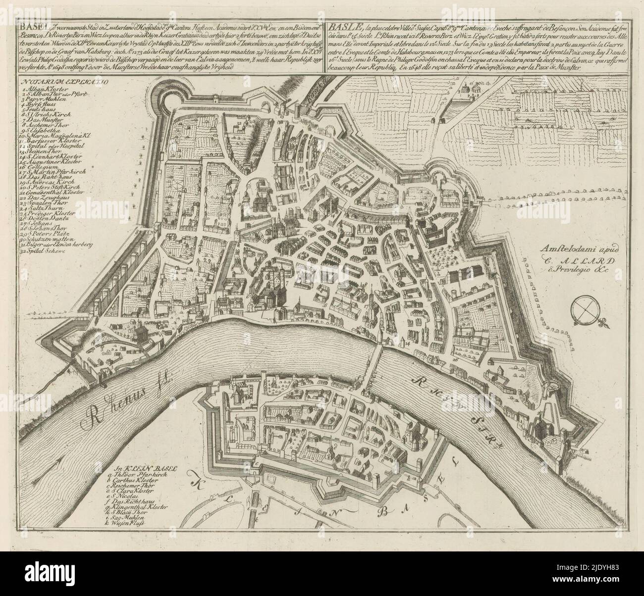 Karte von Basel, Basel, der Hauptstadt des Kantons 9. und Hauptort der Schweiz (...) (Titel auf Objekt), Les Principales Forteresses & Villes Fortes, d'Espagne, de France, d'Italie, de Savoie, d'Allemagne & des Païs-Bas (. ..) / Naaukeurige afbeeldingen der Voornaam Sterke Steden en Vestingen in Spanien, Vrankryk, Italien, Savoyen, Duytsland en Nederlanden (...) (Serientitel), Karte der Schweizer Stadt Basel (Basel), am Rhein gelegen. Mit Texten in Niederländisch und Französisch. Der Druck ist Teil eines Albums., Druckerei: Abraham Allard, Druckerei: Carel Allard, Verleger: Carel Allard, (erwähnt auf Stockfoto