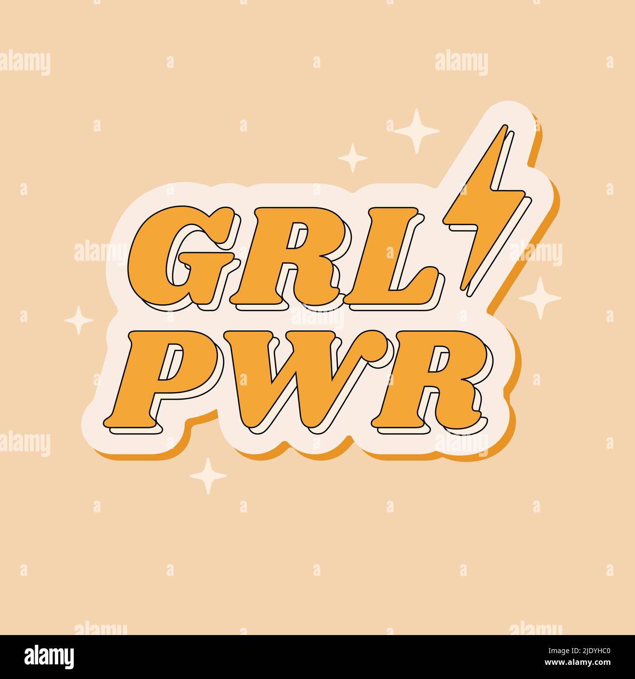 Woman Motivational Inschrift GRL PWR - Girl Power im Retro 1970s Stil. Feministischer Slogan für Karten, Poster, T-Shirt. Vektorgrafik. Stock Vektor