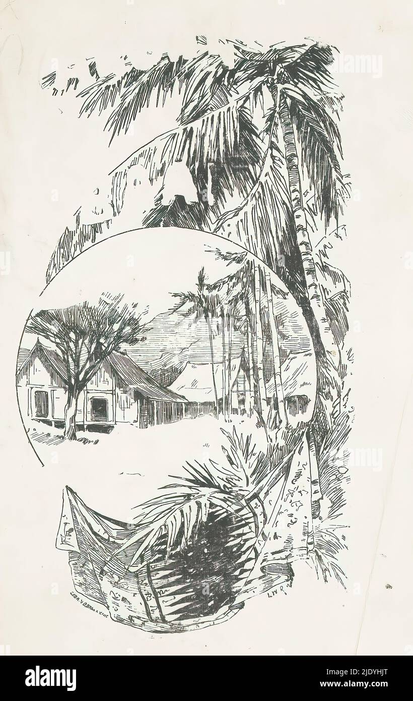 Banddesign für: Thérèse Hoven, in Sarong und Kabaai, 1892-1894, in einer kreisförmigen Ansicht von vier Häusern in einer Landschaft in den holländischen Ostindien. Rund um den Kreis Palmen und ein ungefaltet drapierter Sarong., Hersteller: Anonym, nach Zeichnung von: Willem Wenckebach, (auf Objekt erwähnt), in oder vor 1892 - c. 1894, Papier, Druckblock, Höhe 206 mm × Breite 129 mm, Höhe 223 mm × Breite 130 mm Stockfoto