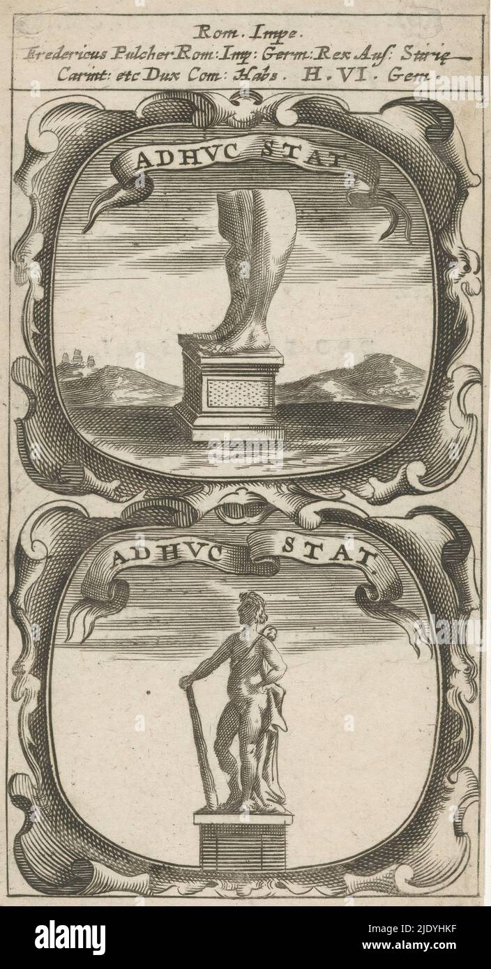 Statue von zwei Unterschenkeln / Statue des Herkules, adhuc Stat / adhuc Stat (Titel auf Objekt), Symbola Divina et Humana Pontificum Imperatorum Regum (Serientitel), ein Emblem mit zwei Darstellungen. Über einer Landschaft mit einer Statue aus zwei Unterschenkeln. Unter einer Statue des Herkules mit Keule. Dies sind Währungen von Kaiser Friedrich dem Schönen., Druckerei: Anonym, nach Druck von: Aegidius Sadeler (II), 1666, Papier, Gravur, Buchdruck, Höhe 122 mm × Breite 66 mm Stockfoto