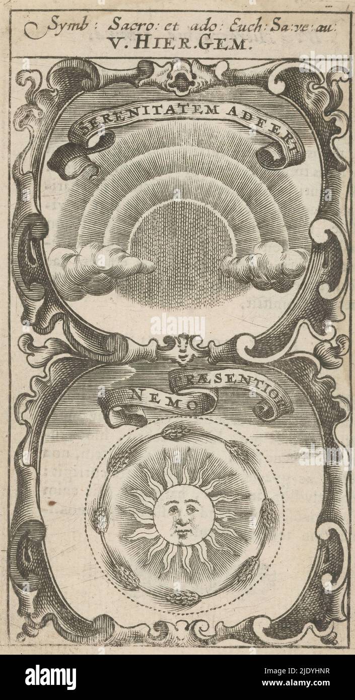 Regenbogen / Sonne umgeben von Maisähren, Serenitatem Adeert / Nemo Praesentior (Titel auf Objekt), Symbola Divina et Humana Pontificum Imperatorum Regum (Serientitel), ein Emblem mit zwei Darstellungen. Über einem Regenbogen in der Wolke. Unten eine Sonne in einem Kranz aus Maisähren., Druckerei: Anonym, nach Druck von: Aegidius Sadeler (II), 1666, Papier, Gravur, Buchdruck, Höhe 121 mm × Breite 65 mm Stockfoto