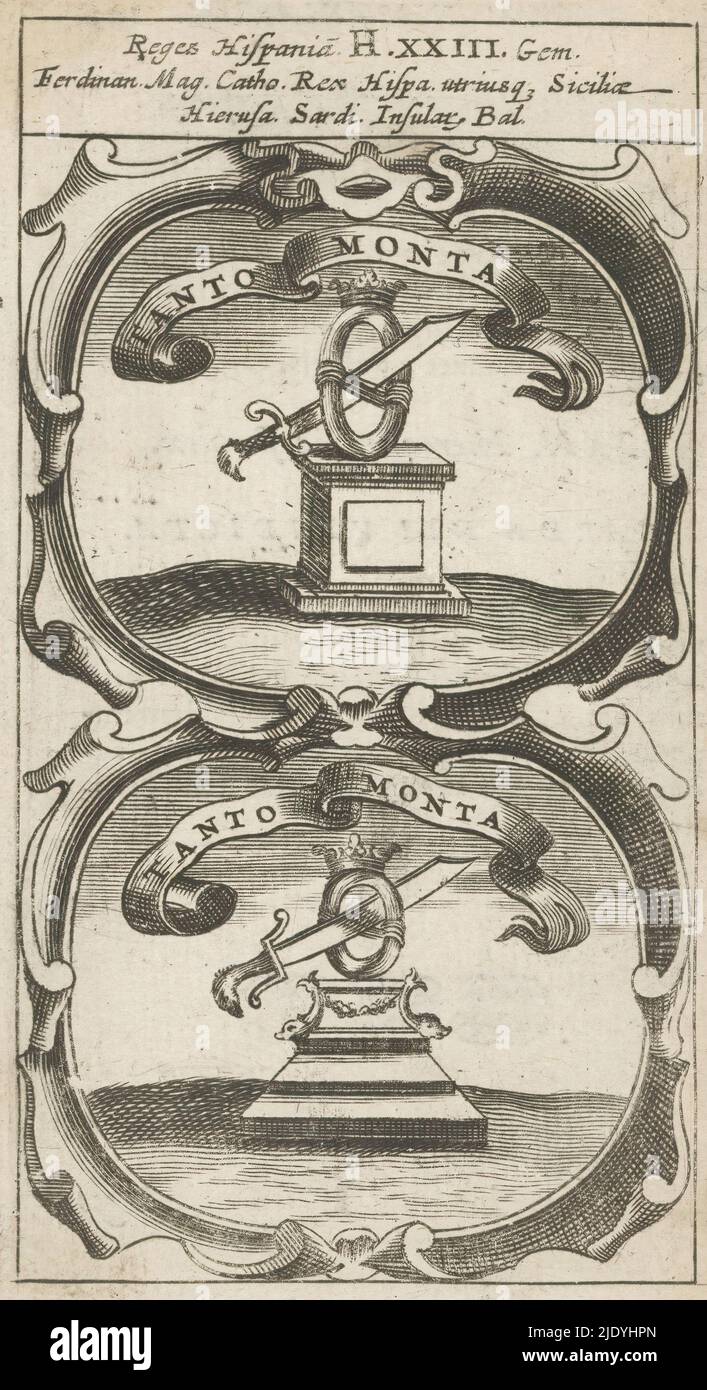 Zwei Hälften werden eins, Tanto Monta / Tanto Monta (Titel auf Objekt), Symbola Divina et Humana Pontificum Imperatorum Regum (Serientitel), ein Emblem mit zwei ähnlichen Darstellungen. Auf einem Sockel befindet sich ein gekrönter Kranz. Der Kranz besteht aus zwei gleichen Hälften. Ein Schwert ist dabei, es zu einem zu machen. Dies sind Währungen von Ferdinand II. Von Aragon., Druckerei: Anonym, nach Druck von: Aegidius Sadeler (II), 1666, Papier, Gravur, Buchdruck, Höhe 122 mm × Breite 68 mm Stockfoto