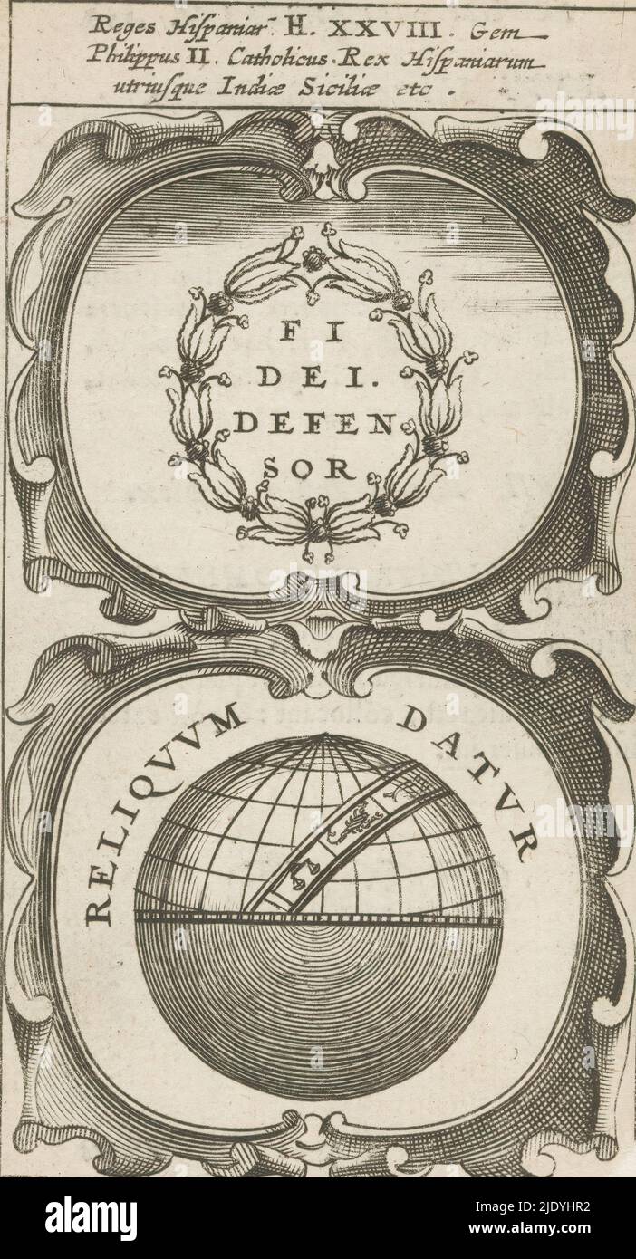 Blumenkranz mit Motto / World, Fidei Defensor / Reliquum Datur (Titel auf Objekt), Symbola Divina et Humana Pontificum Imperatorum Regum (Serientitel), ein Emblem mit zwei Darstellungen. Über einer Blumengirlande mit Motto. Unter der Welt mit Tierkreis. Die untere Hälfte der Welt ist dunkel. Dies sind Währungen von Philipp II., Druckerei: Anonym, nach Druck von: Aegidius Sadeler (II), 1666, Papier, Gravur, Buchdruck, Höhe 122 mm × Breite 67 mm Stockfoto