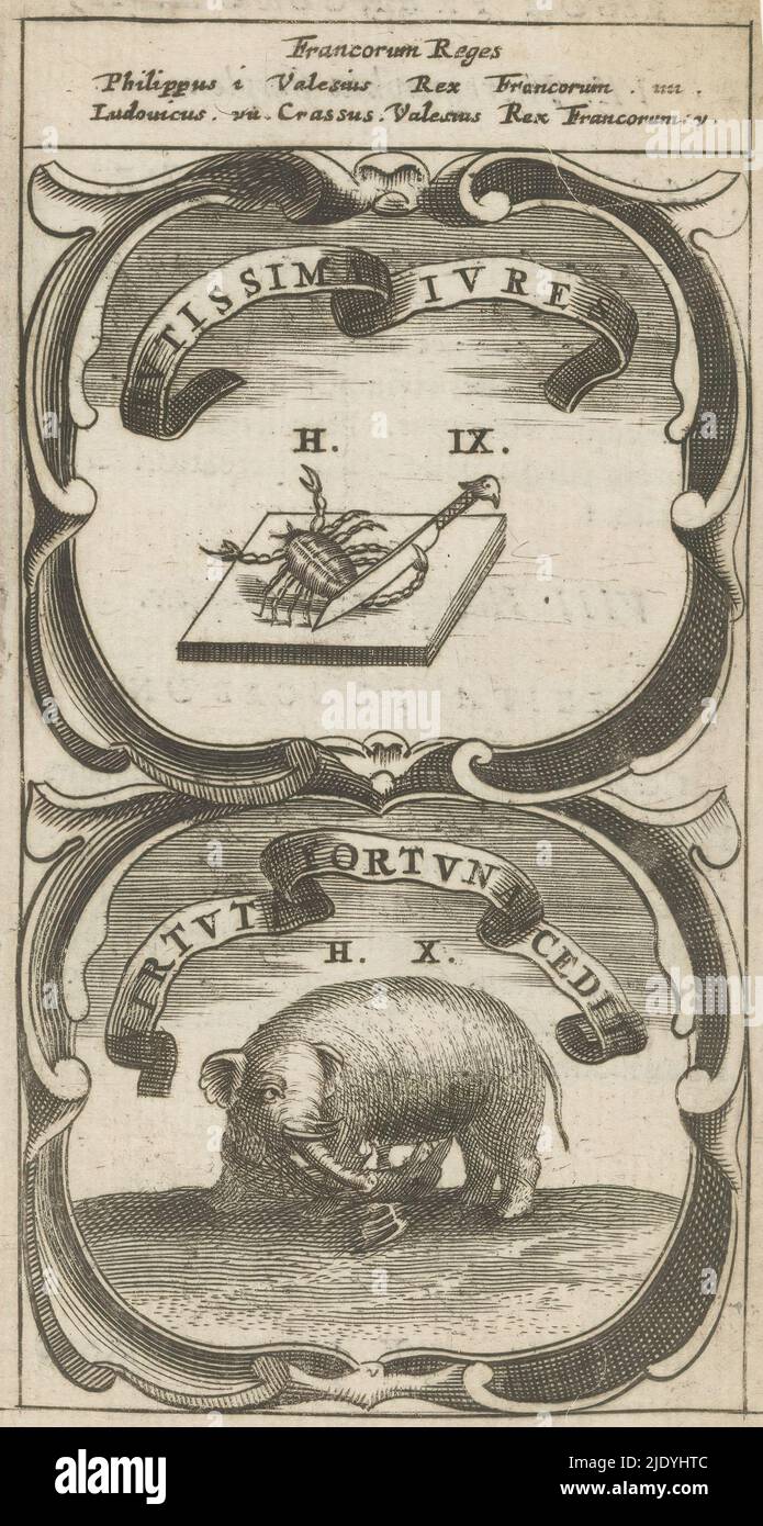 Abgeschnittener Skorpionschwanz / Elefant mit Schlange um die Vorderbeine, Tutissima Jures / Virtuti Fortuna CEdit (Titel auf Objekt), Symbola Divina et Humana Pontificum Imperatorum Regum (Serientitel), ein Emblem mit zwei Darstellungen. Über einem Regal mit einem Skorpion. Ein Messer schneidet seinen Schwanz ab. Unter einem Elefanten mit einer geflügelten Schlange um ihre Vorderbeine. Dies sind Mottos von König Philipp I. und Ludwig II. Von Frankreich., Druckerei: Anonym, nach Druck von: Aegidius Sadeler (II), 1666, Papier, Gravur, Buchdruck, Höhe 123 mm × Breite 67 mm Stockfoto