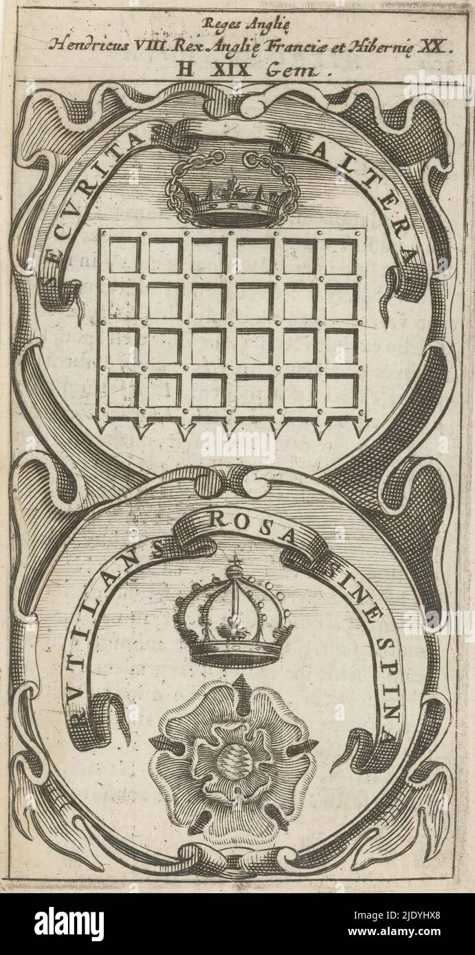 Gekröntes Portcullis / gekrönte Rose, Securitas Altera / Rustilans Rosa Sine Spina (Titel auf Objekt), Symbola Divina et Humana Pontificum Imperatorum Regum (Serientitel), ein Emblem mit zwei Darstellungen. Über einem Portcullis mit einer Krone. Unter einer Krone und einer Rose. Dies sind Mottos von Heinrich VIII. Von England., Druckerei: Anonym, nach Druck von: Aegidius Sadeler (II), 1666, Papier, Gravur, Buchdruck, Höhe 120 mm × Breite 63 mm Stockfoto