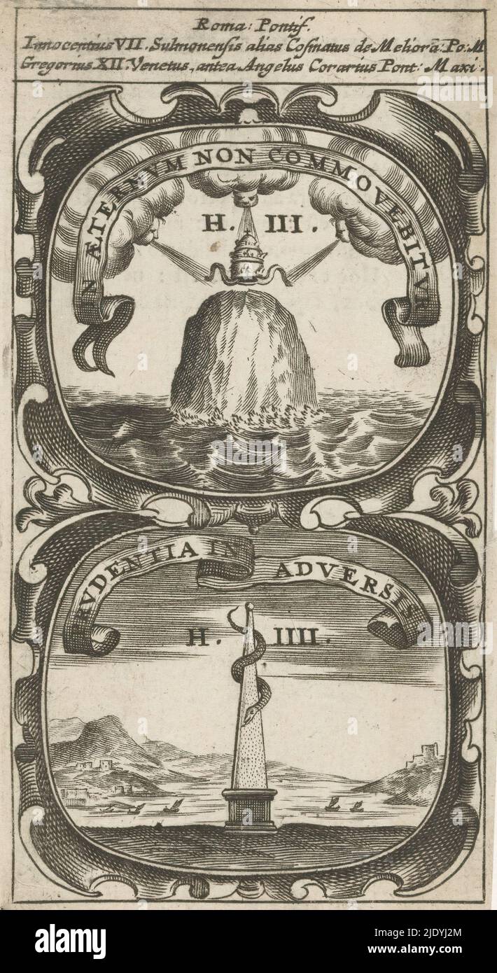 Tiara über einem Felsen im Wasser / Obelisk mit Schlange, in Aeternum Non Commovebitur / Prudentia in Adversis (Titel auf Objekt), Symbola Divina et Humana Pontificum Imperatorum Regum (Serientitel), ein Emblem mit zwei Darstellungen. Oben halten drei Winde eine Tiara über einem Felsen im Wasser. Unterhalb einer Landschaft mit einem Obelisken, um den sich eine Schlange windet. Dies sind Mottos von Papst Innozenz VII. Und Gregor XII., Druckerei: Anonym, nach Druck von: Aegidius Sadeler (II), 1666, Papier, Gravur, Buchdruck, Höhe 120 mm × Breite 66 mm Stockfoto