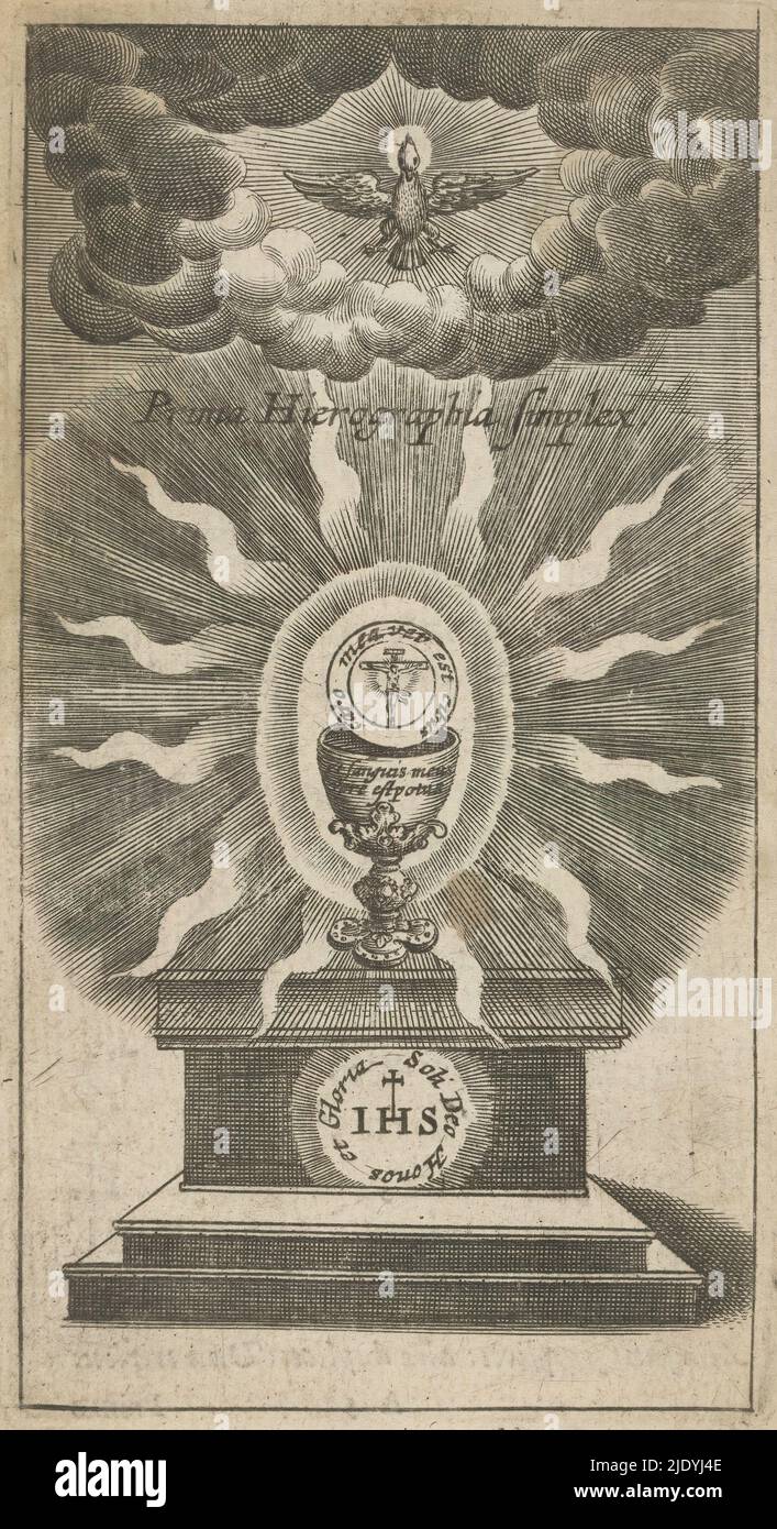 Emblem mit Kelch und Wirt, Symbola Divina et Humana Pontificum Imperatorum Regum (Serientitel), Emblem mit Kelch und Wirt. Darüber der Heilige Geist in Form einer Taube., Druckerei: Anonym, nach Druck von: Aegidius Sadeler (II), 1666, Papier, Gravur, Buchdruck, Höhe 121 mm × Breite 65 mm Stockfoto