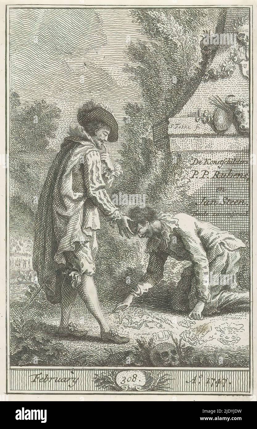 Gespräch zwischen Peter Paul Rubens und Jan Steen, The King Painters P.P. Rubens und an Steen. Zweites Gespräch (Titel auf Objekt), Maler Peter Paul Rubens steht neben dem Maler Jan Steen, der auf den Knien Zeichnungen im Sand macht. Im Hintergrund ein Obelisk. Unten angegeben: Februar / 1747., Druckerei: Simon Fokke, (auf Objekt erwähnt), Verlag: Bernardus van Gerrevink, Verlag: Erven J. Ratelband, Amsterdam, Feb-1747, Papier, Radierung, Höhe 125 mm × Breite 80 mm Stockfoto