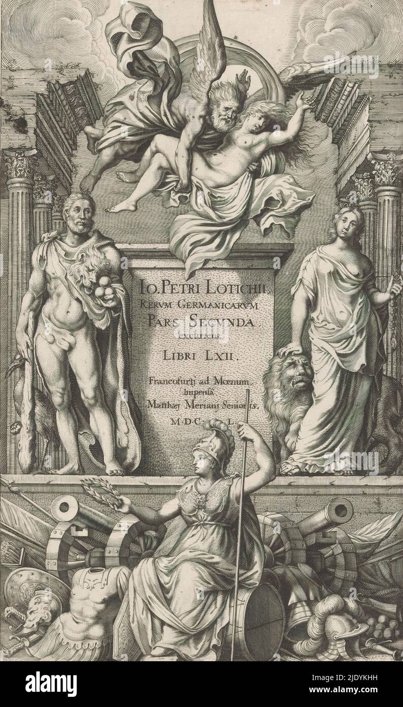 Allegorische Darstellung mit Herkules, Germania und Minerva, Titelseite zu: Johann Peter Lotichius, Rerum Germanicarum, Pars Secunda, Libri LXII, 1650, Auf der linken Seite eines Sockels steht Herkules mit Löwenhaut, Keule, drei goldenen Äpfeln in der Hand und einem (Kran-)Vogel. Auf der anderen Seite ist eine allegorische weibliche Figur, vermutlich Germania, die einen Löwen und in ihrer Hand einen Ring und eine Kette hält. Über dem Sockel fliegt ein alter Mann mit einer jungen Frau in den Armen. Im Vordergrund sitzt Minerva mit Helm, Stock und Lorbeerkranz auf einer Trommel vor Kanonen und Waffen., Druckerei: Anonym, publ Stockfoto