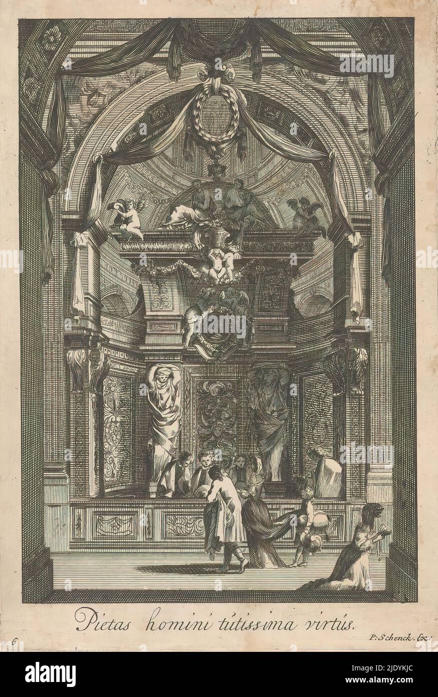 Mehrere Personen in einer Kapelle, Pietas homini tútissima virtús (Titel auf Objekt), Cathedrarum exempla, in usum Artificum studiose collecta (Serientitel), Eine Reihe von Gläubigen beten, Hut in Hand, in einer reich verzierten Kapelle. Ein Mann und eine Frau gehen vorbei. Ein Junge hebt die Frau an., Druckerei: Anonym, nach Druck von: Jean Lepautre, nach Gestaltung von: Jean Lepautre, Amsterdam, 1684 - 1711, Papier, Radierung, Gravur, Höhe 229 mm × Breite 154 mm Stockfoto