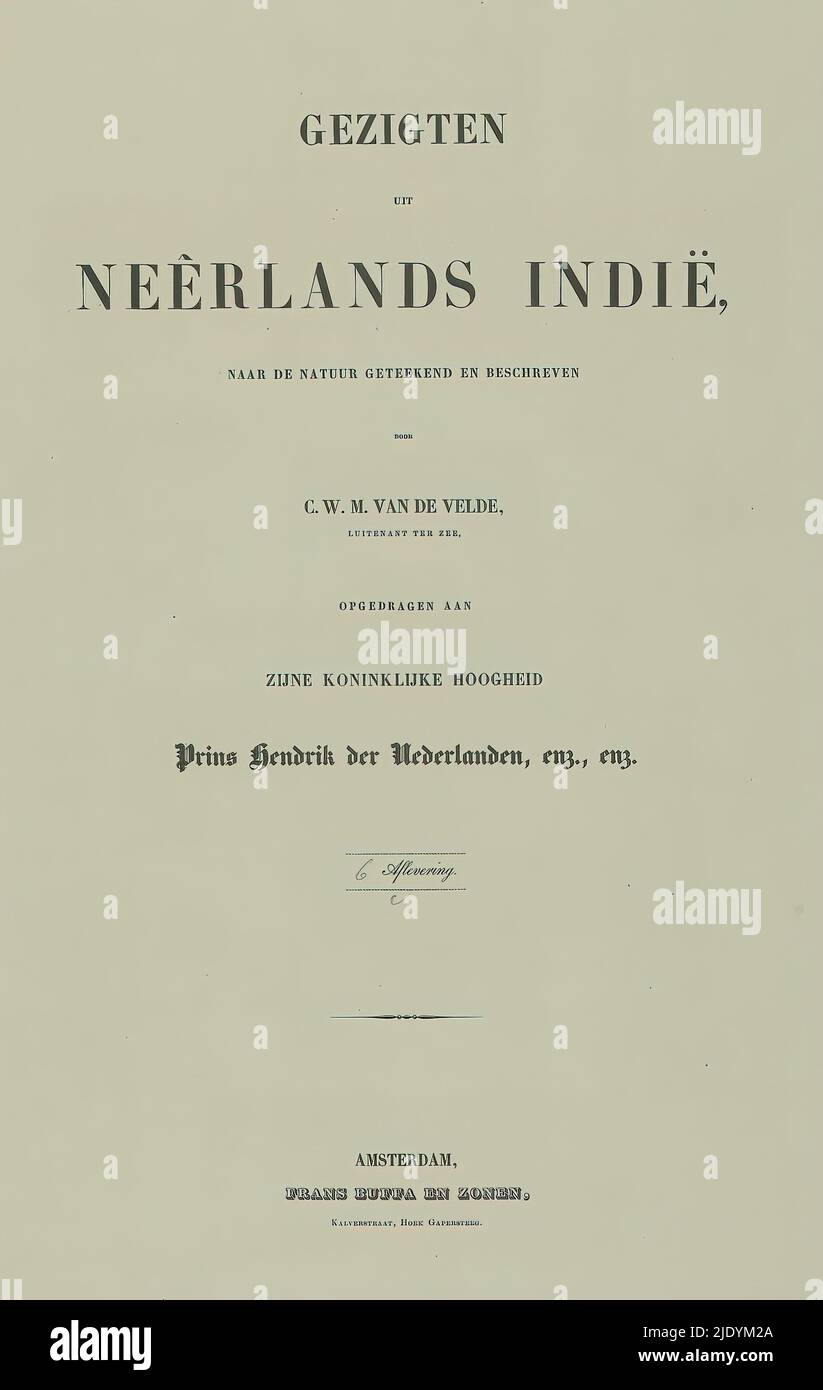 Einband mit Textblättern und Drucken auf Niederländisch-Indien: Sechster Teil, Gezigten uit Neêrlands Indië (Serientitel auf Objekt), Einband mit vier losen Blättern, darunter zwei Textblätter und zwei Lithographien. Das Cover ist Teil eines Faltbands mit zwölf Einbände., Druckerei: Paulus Lauters, (auf Objekt erwähnt), nach Entwurf von: Charles William Meredith van de Velde, (auf Objekt erwähnt), Drucker: Frans Buffa en Zonen, (auf Objekt erwähnt), Druckerei: Brüssel, nach Entwurf von: Indonesien, Drucker: Amsterdam, 1843 - 1845, Papier, Höhe 510 mm × Breite 340 mm × Höhe 510 mm × Breite 680 mm Stockfoto