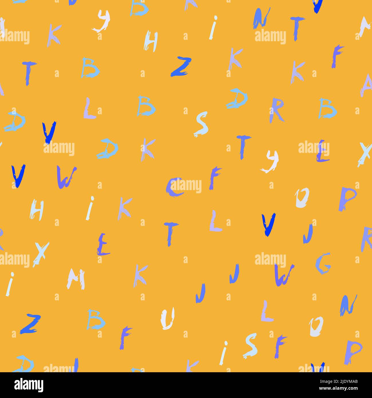 Vektorsymbole mit farbigen Alphabets. Nahtloses Muster von Hand gezeichneten Pinsel Kalligraphie Schrift auf gelb. Grunge Pinsel Textur Alphabet. Moderne strukturierte Stiftstr Stock Vektor