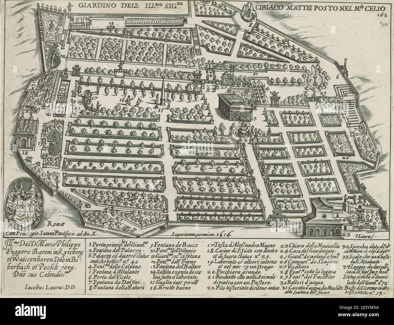 Gärten der Villa Celimontana (Villa Mattei) auf dem Monte Celio in Rom, Giardino dell Illustrissimo Signore Ciriaco Mattei Posto nel Monte Celio (Titel auf Objekt), Antike Denkmäler (Serientitel), Antiquae Urbis Splendor (Serientitel), am unteren Rand eine Liste mit erläuternden Zahlen. Rechts oben nummeriert: 163. Der Druck ist Teil eines Albums., Druckerei: Giacomo Lauro, Drucker: Giacomo Mascardi, Paulus V, (auf Objekt erwähnt), Druckerei: Italien, Drucker: Rom, Vaticaanstad, in oder nach 1637, Papier, Radierung, Höhe 180 mm × Breite 234 mm Stockfoto