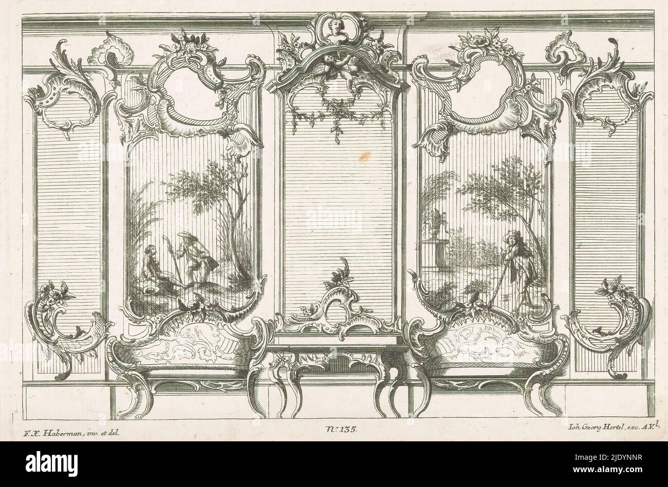 Wandanordnung mit Paneelen, Wandarrangements (Serientitel), Wandarrangement mit zwei Paneelen mit pastoralen Szenen, mit Rahmung in Rocaille-Schrift. Im Vordergrund zwei Bänke mit Rocailles und einem Tisch dekoriert. Verlagsnummer 135., Druckerei: Anonym, nach Entwurf von: Franz Xaver Habermann, (auf Objekt erwähnt), Verlag: Johann Georg Hertel (I), (auf Objekt erwähnt), Augsburg, 1748 - 1753, Papier, Radierung, Gravur, Höhe 204 mm × Breite 301 mm Stockfoto