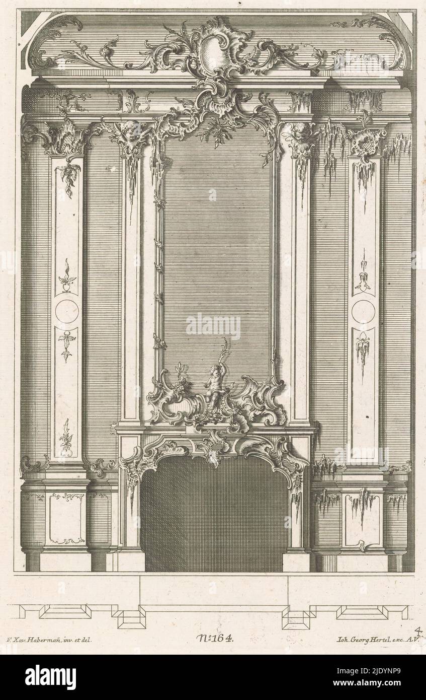 Kamin mit Putto, Kamine (Serientitel), Kamin mit Rocaille-Ornamenten, einem Putto und zwei geflügelten Engelsköpfen. Verlagsnummer 164., Druckerei: Emanuel Eichel, nach Zeichnung von: Franz Xaver Habermann, (auf Objekt erwähnt), Verlag: Johann Georg Hertel (I), (auf Objekt erwähnt), Augsburg, 1731 - 1775, Papier, Radierung, Gravur, Höhe 293 mm × Breite 193 mm Stockfoto
