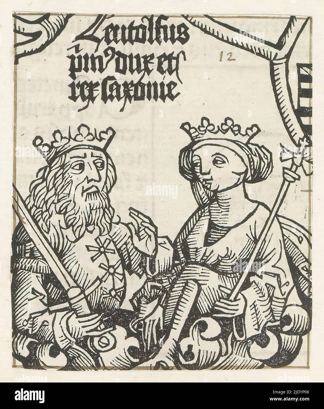 Liudolf von Sachsen und seine Frau Baba comitissa babenberge (Titel auf Objekt), Liber chronicarum (Serientitel), Ein Blütenkelch mit einem König und einer Königin. Sie halten ein Schwert und ein Zepter in ihren Händen. Die Darstellung ist Teil der Genealogie von Kaiser Heinrich II. Dem Heiligen im Liber chronicarum. Text und Schild kennzeichnen den Mann als Liudolf von Sachsen. Der Druck ist Teil eines Albums., Druckerei: Michel Wolgemut, (Werkstatt von), Druckerei: Wilhelm Pleydenwurff, (Werkstatt von), Neurenberg, 1493, Papier, Buchdruck, Höhe 83 mm × Breite 70 mm Stockfoto