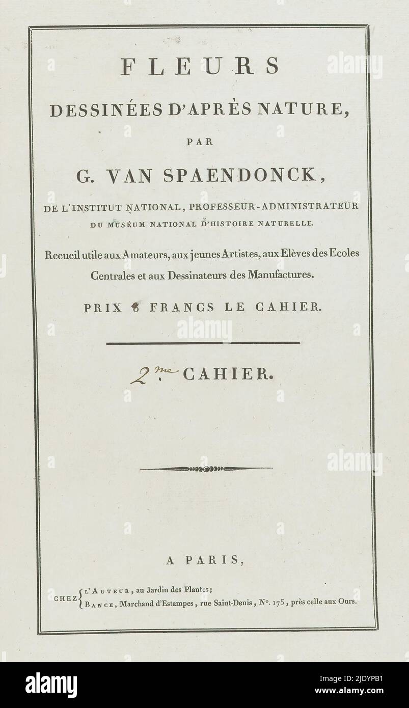 Fleurs dessinées d'après Natur (...) 2ME Cahier (Serientitel auf Objekt), Cover für eine Serie von vier Blumendrucken., Druckerei: Anonym, Verlag: Gerard van Spaendonck, (auf Objekt erwähnt), Verlag: Jacques-Louis Bance, (auf Objekt erwähnt), Paris, 1799 - 1801, Papier, Buchdruck, Höhe 521 mm × Breite 359 mm Stockfoto