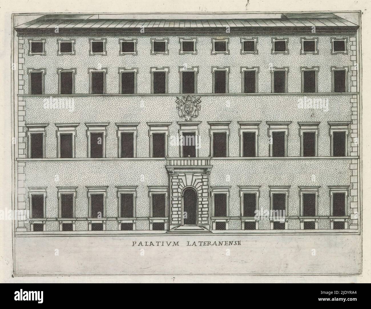 façade des Lateranpalastes in Rom, Palatium Lateranense (Titel auf Objekt), berühmte Gebäude in Rom und darüber hinaus (Serientitel), Palazzi diversi nel'alma cità di Roma, et altre (Serientitel auf Objekt), Print ist Teil eines Albums., Druckerei: Giacomo Lauro, Verlag: Giovanni Battista de'Rossi, Urbanus VIII, Druckerei: Rom, Herausgeber: Rome, Vaticaanstad, 1638, Papier, Radierung, Höhe 177 mm × Breite 236 mm Stockfoto