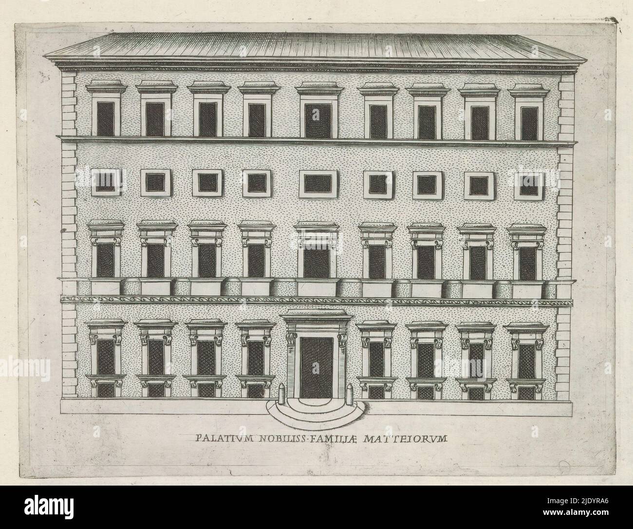 façade der Villa Celimontana in Rom, Palatium nobiliss. Familiae Matteiorum (Titel auf Objekt), berühmte Gebäude in Rom und darüber hinaus (Serientitel), Palazzi diversi nel'alma cità di Roma, et altre (Serientitel auf Objekt), Print ist Teil eines Albums., Druckerei: Giacomo Lauro, Verlag: Giovanni Battista de'Rossi, Urbanus VIII, Druckerei: Rom, Verlag: Rom, Vaticaanstad, 1638, Papier, Radierung, Höhe 180 mm × Breite 236 mm Stockfoto