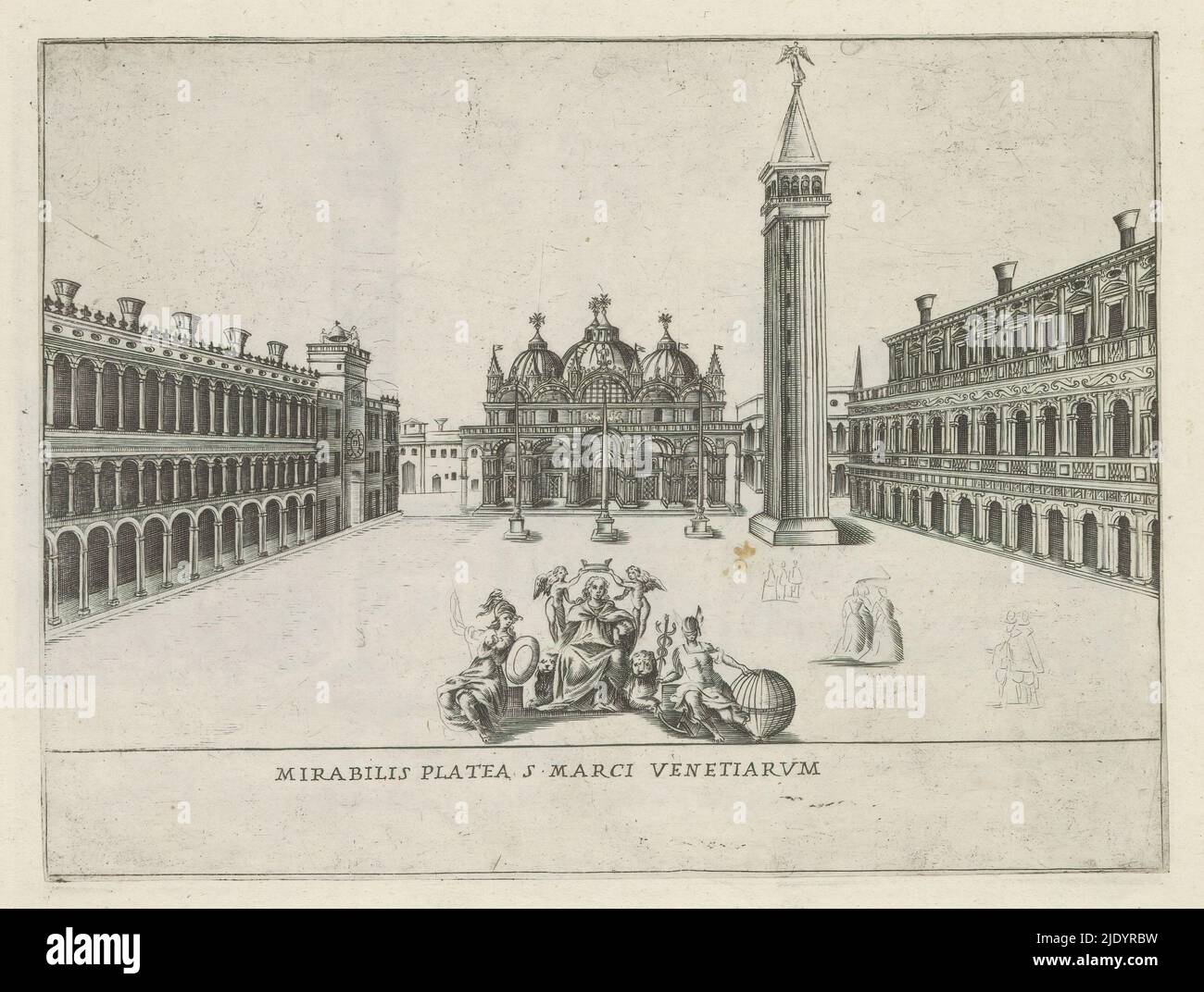 Markusplatz in Venedig, Mirabilis platea S. Marci Venetiarum (Titel auf Objekt), berühmte Gebäude in Rom und darüber hinaus (Serientitel), Palazzi diversi nel'alma cità di Roma, et altre (Serientitel auf Objekt), Blick auf den Markusplatz mit dem Markusplatz und dem Campanile di San Marco in Venedig. Im Vordergrund wird eine weibliche Figur, die auf zwei Löwen sitzt, von zwei Engeln gekrönt. Sie wird auf beiden Seiten von einer weiblichen Personifizierung flankiert. Print ist Teil eines Albums., Druckerei: Giacomo Lauro, Verlag: Giovanni Battista de'Rossi, Urbanus VIII, Druckerei: Rom, Verlag: Rom, Vaticaanstad, 1638, Stockfoto