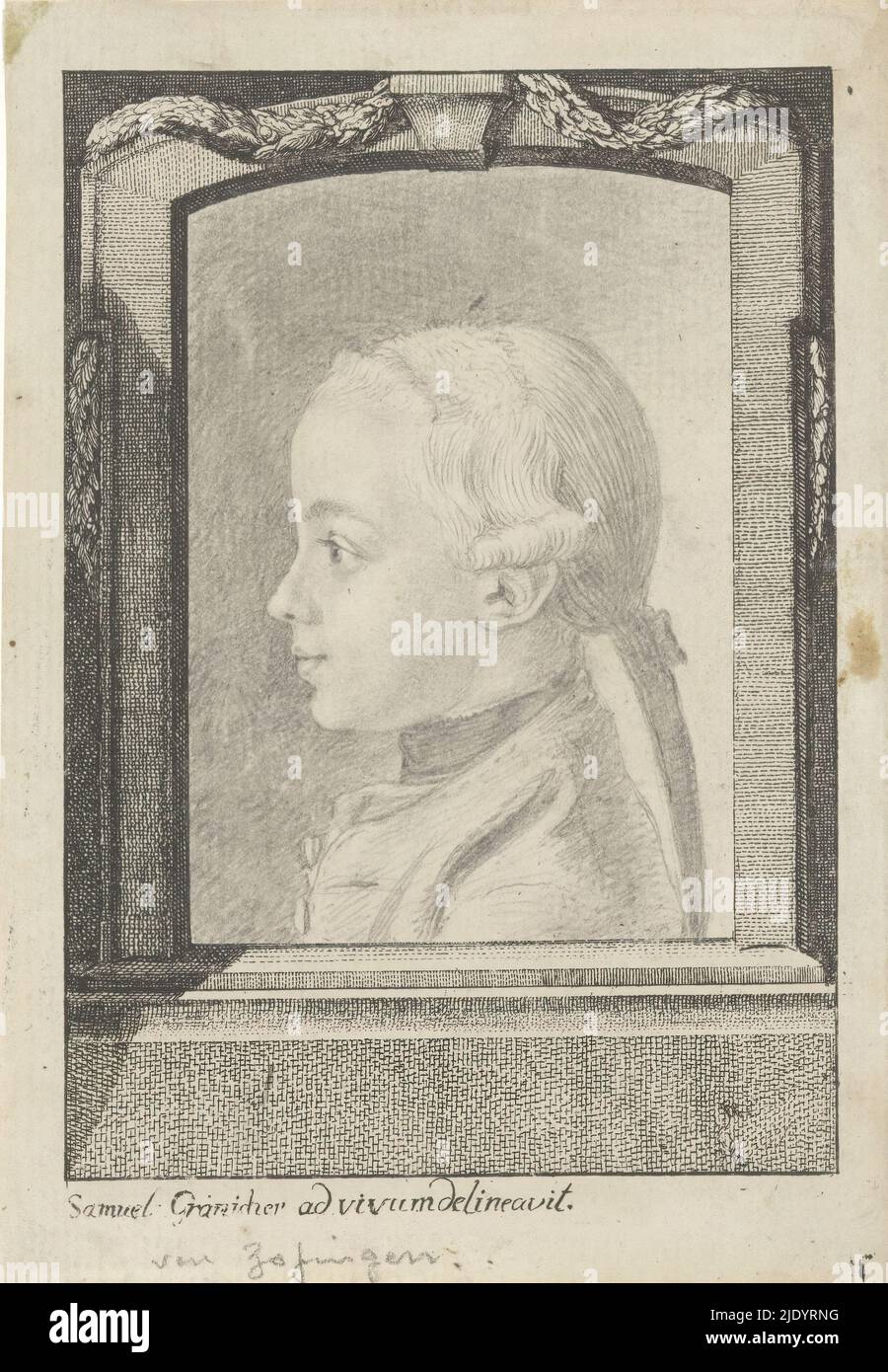 Unbekannter Junge en-Profil, Portrait eines Jungen, en Profil links. Signiert Porträt in einem bedruckten Rahmen., Druckerei: Samuel Gränicher, Zeichner: Samuel Gränicher, (auf Objekt erwähnt), Dresden, c. 1780 - c. 1795, Papier, Gravur, Radierung, Zeichnung, Höhe 143 mm × Breite 99 mm Stockfoto