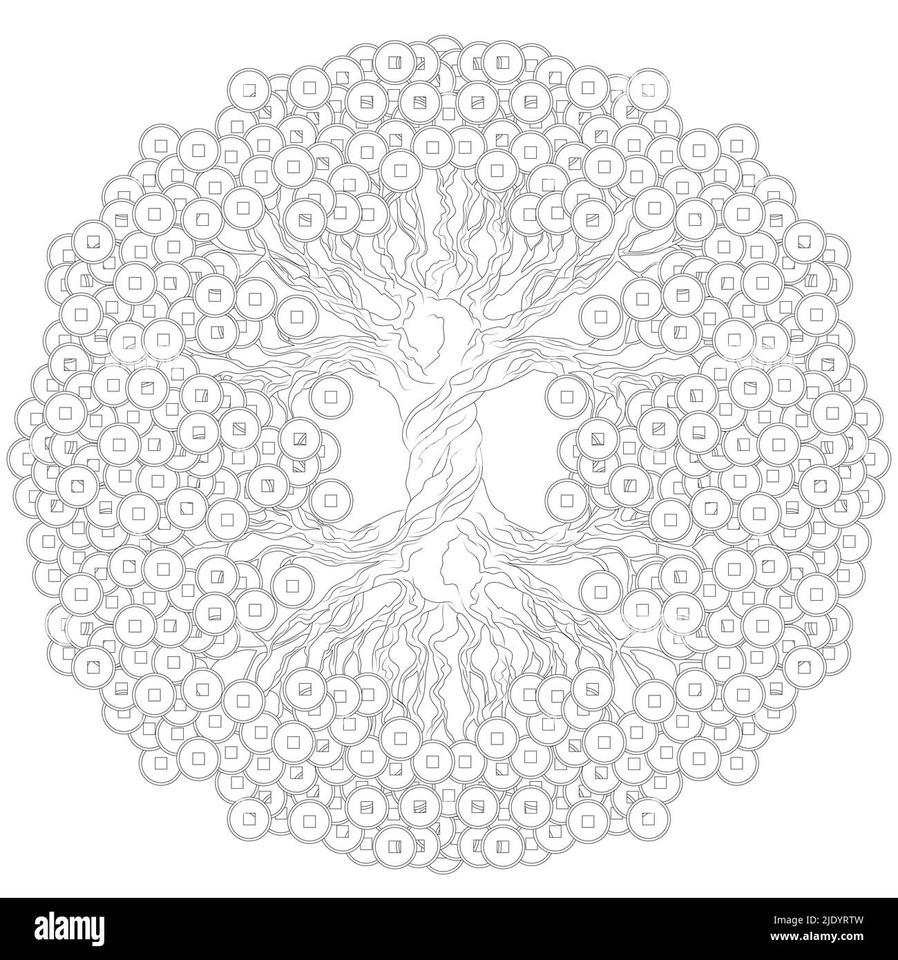 Geldbaum mit chinesischen Münzen. Ein traditionelles feng Shui Symbol für die Anziehung von Reichtum und Wohlstand. Schwarze Abbildung. Stock Vektor