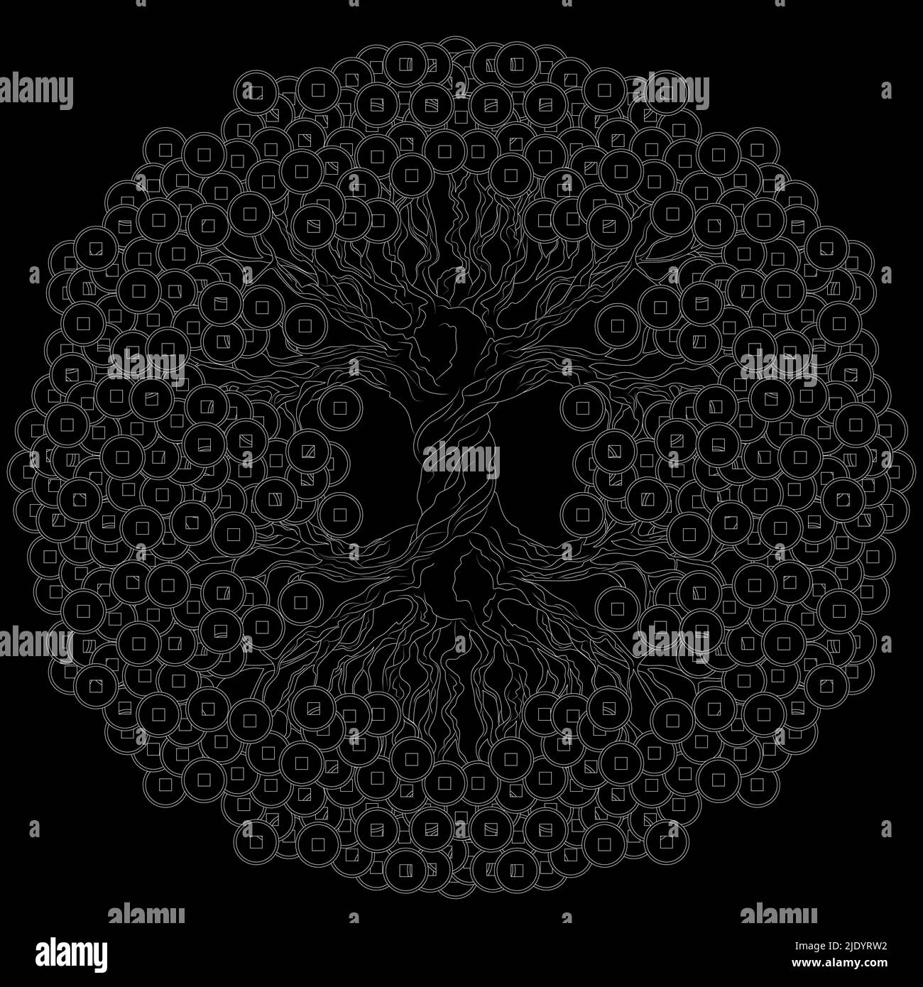 Geldbaum mit chinesischen Münzen. Ein traditionelles feng Shui Symbol für die Anziehung von Reichtum und Wohlstand. Weiße Abbildung. Stock Vektor