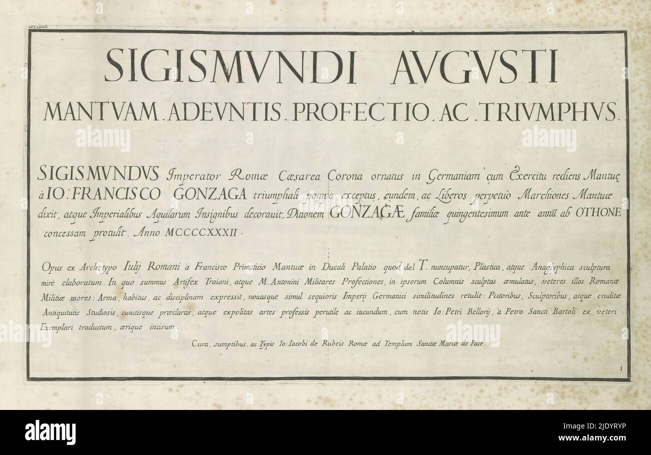 Porträt von Leopold I., Kaiser von Deutschland, umgeben von Personifikationen, Leopoldo I Augusto Romanorum imperatori (Titel auf Objekt), Stuckarbeiten in der Sala degli Stucchi im Palazzo del Te in Mantua (Serientitel), triumphale Prozession von Kaiser Sigismund I. im Jahr 1432 (Serientitel), Sigismundi Augusti Mantuam adeuntis profectio ac triumphus (Serientitel), Print ist Teil eines Albums., Druckerei: Pietro Sante Bartoli, Druckerei: Jacques Blondau, (erwähnt auf Objekt), Giovanni Pietro Bellori, Druckerei: Italien, Druckerei: Rom, Verlag: Rome, Vaticaanstad, 1680, Papier, Radierung, Gravi Stockfoto