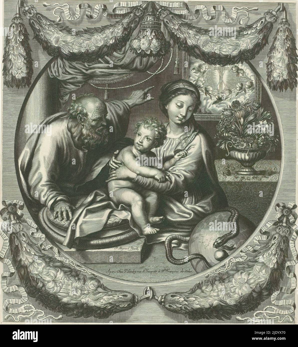 Heilige Familie, umgeben von Girlanden, Druckerei: Pierre Landry, (zugeschrieben), nach Malerei von: Pierre Mignard, (erwähnt auf Objekt), Verleger: Pierre Landry, (erwähnt auf Objekt), Druckerei: Frankreich, Verlag: Paris, 1640 - 1701, Papier, Gravur, Höhe 385 mm × Breite 353 mm Stockfoto