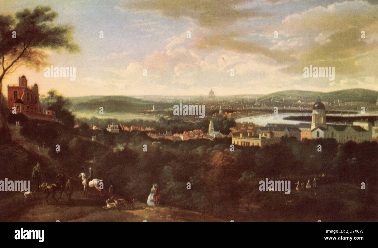 Greenwich, c18.. Jahrhundert. Von Robert Griffier (c1675-nach 1727). Eine Landschaft mit dem Royal Observatory und dem Old Royal Naval College. Stockfoto