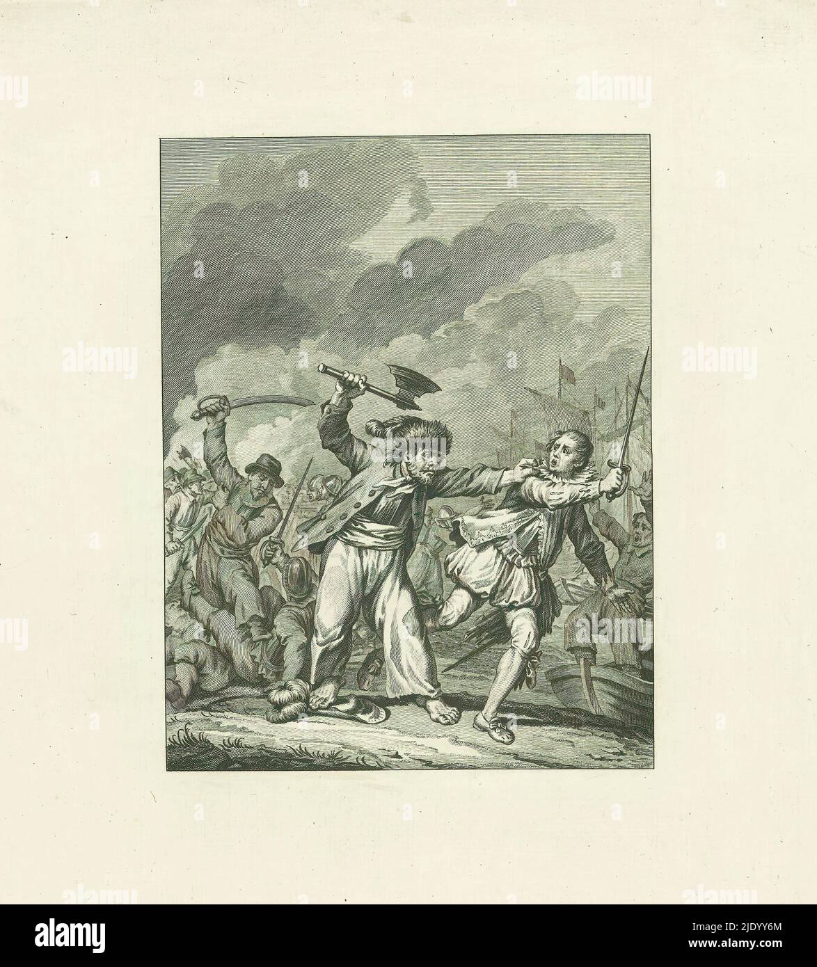 Kampf zwischen Barthold Entes und Agulo in Flushing, 1572, Gevecht tuschen B. Entes en Agulo / V. zang (Titel auf Objekt), Taferelen uit het leven van prins Willem I, 1568-1584 (Serientitel), Kunstplatten gehorende tot het herdendacht Willem den Eersten, in vier en twintig zangen door den Nederlandschen dicter J.. Nomsz. (Serientitel auf Objekt), Schlacht zwischen dem Wassergeezer Barthold Entes, bewaffnet mit einer Axt, und dem Spanier Agulo in Vlissinger, 1572. Fünfter Song., Druckerei: Theodoor Koning, nach Gestaltung von: Jacobus Buys, nach Zeichnung von: Jacobus Buys, Druckerei: Nordniederland, Stockfoto