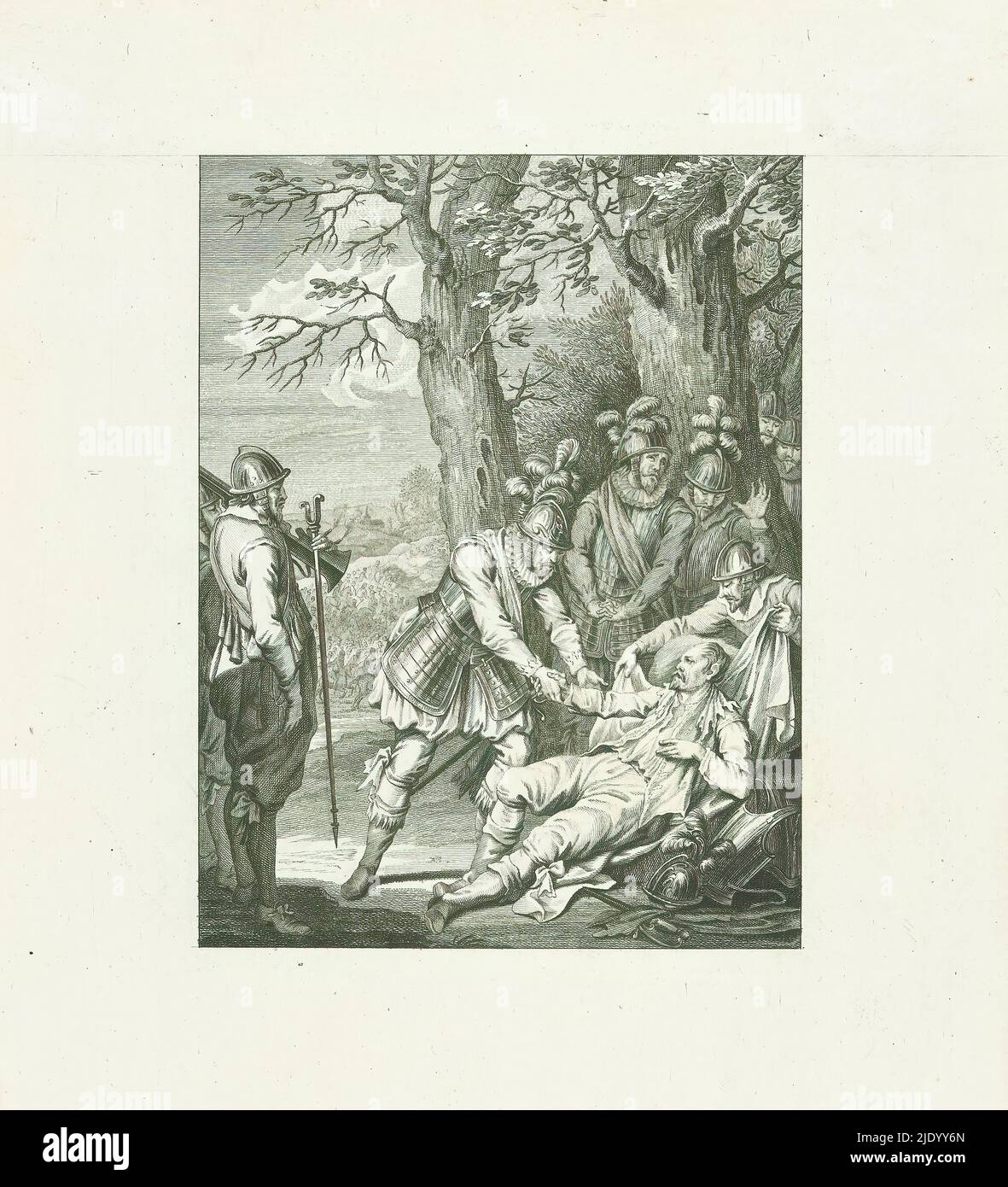 Tod des Grafen von Hoogstraten, 1568, Tod des Grafen v. Hoogstraten / III. Lied (Titel auf Objekt), Szenen aus dem Leben von Prinz Wilhelm I., 1568-1584 (Serientitel), Kunsttafeln zum Epos Willem den Eersten, In vier en twintig zangen by den Nederlandschen dichter J. Nomsz. (Serientitel auf Objekt), Tod des Grafen von Hoogstraten, inmitten von Soldaten, Hand gehalten von Prinz Wilhelm I., 11. Dezember 1568. Drittes Lied., Druckerei: Theodoor Koning, nach Gestaltung von: Jacobus Buys, nach Zeichnung von: Jacobus Buys, Druckerei: Nordniederland, Verlag: Amsterdam, Verlag: Stockfoto