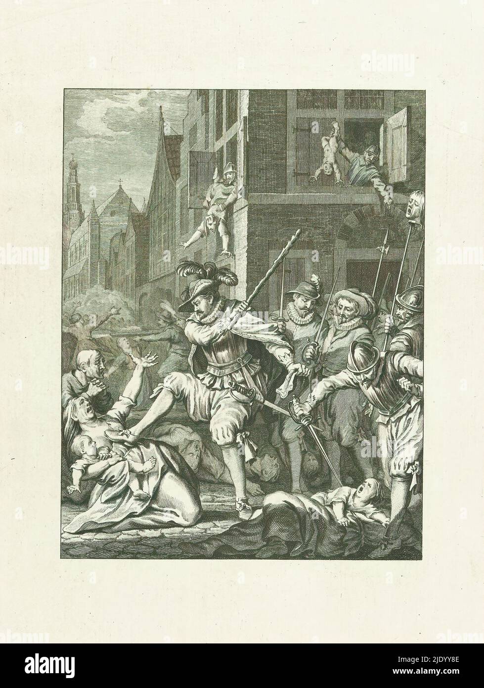 Attentat in Haarlem, 1573, Destruction of Haarlem, von Don Fredrik / VIII. Lied (Titel auf Objekt), Szenen aus dem Leben von Prinz William I., 1568-1584 (Serientitel), Kunsttafeln zum epischen Gedicht Willem den Eersten, in vier en twintig zangen von den Nederlandschen dichter J. Nomsz. (Serientitel auf Objekt), Massaker von Don Frederik und den spanischen Soldaten in Haarlem, 1573. Mütter und Kinder werden ermordet. Achtes Lied., Druckerei: Theodoor Koning, nach Gestaltung von: Jacobus Buys, nach Zeichnung von: Jacobus Buys, Druckerei: Nord-Niederlande, Verlag: Amsterdam, pu Stockfoto