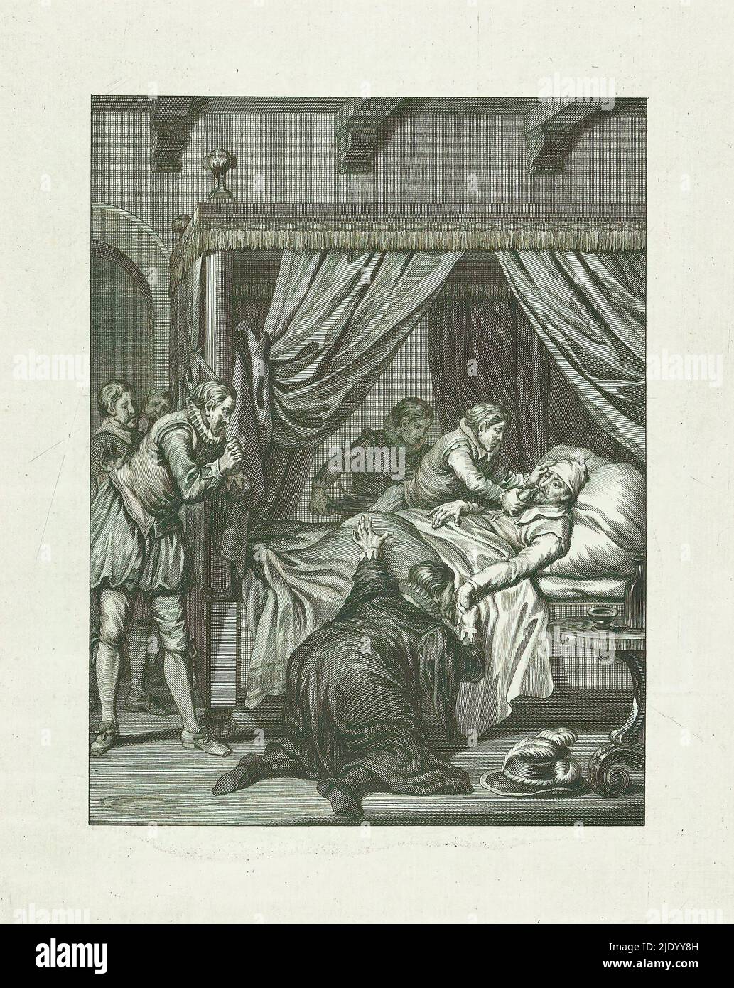 Ill bed of the Prince, 1574, Krankenbett van den Prins / XIV. Zingen (Titel auf Objekt), Taferelen uit het leven van Prince Willem I, 1568-1584 (Serientitel), Kunstplatten gehorende tot het herdendacht Willem den Eersten, in vier en twintig zangen door den Nederlandschen dichter J. Nomsz. (Serientitel auf Objekt), Filips van Marnix am Krankenbett des Prinzen von Orange in Rotterdam, August 1574. Ein Junge hält eine Flasche unter der Nase des Prinzen. Vierzehntes Lied., Druckerei: Theodoor Koning, nach Gestaltung von: Jacobus Buys, nach Zeichnung von: Jacobus Buys, Druckerei: Nord-Niederlande, Verlag: Stockfoto