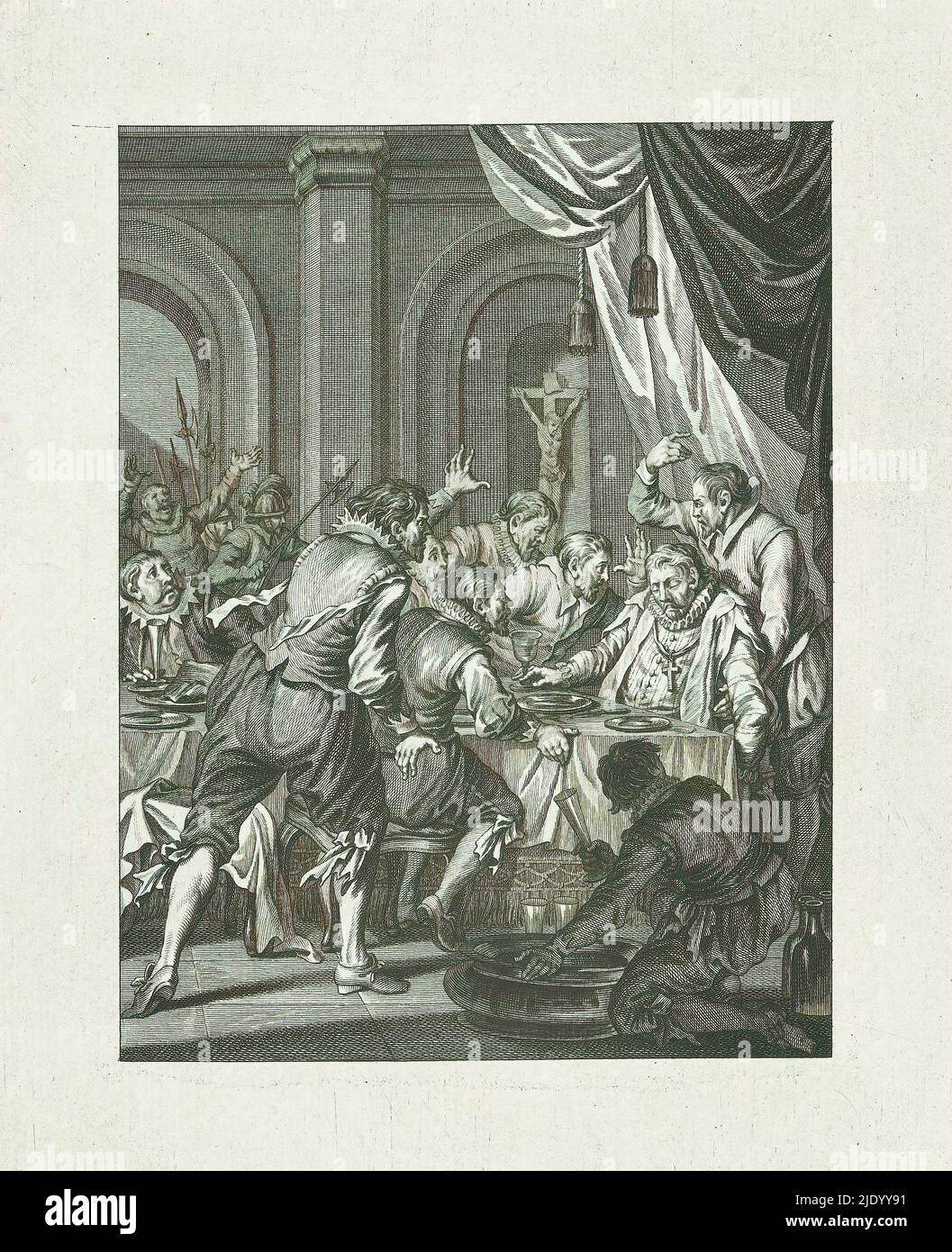 Death of Requesens, 1576, Death of Requesens / XVI. Lied (Titel auf Objekt), Szenen aus dem Leben von Prinz William I., 1568-1584 (Serientitel), Kunsttafeln aus dem Epos Willem den Eersten, in vier en twintig zangen door den Nederlandschen dichter J. Nomsz. (Serientitel auf Objekt), Death of Requesens. Der Gouverneur Requesens stirbt am Tisch während eines Banketts am 5. März 1576. Sechzehntes Lied., Druckerei: Theodoor Koning, nach Gestaltung von: Jacobus Buys, nach Zeichnung von: Jacobus Buys, Druckerei: Nord-Niederlande, Verlag: Amsterdam, Verlag: Amsterdam, Verlag: Amsterdam, 1782 Stockfoto