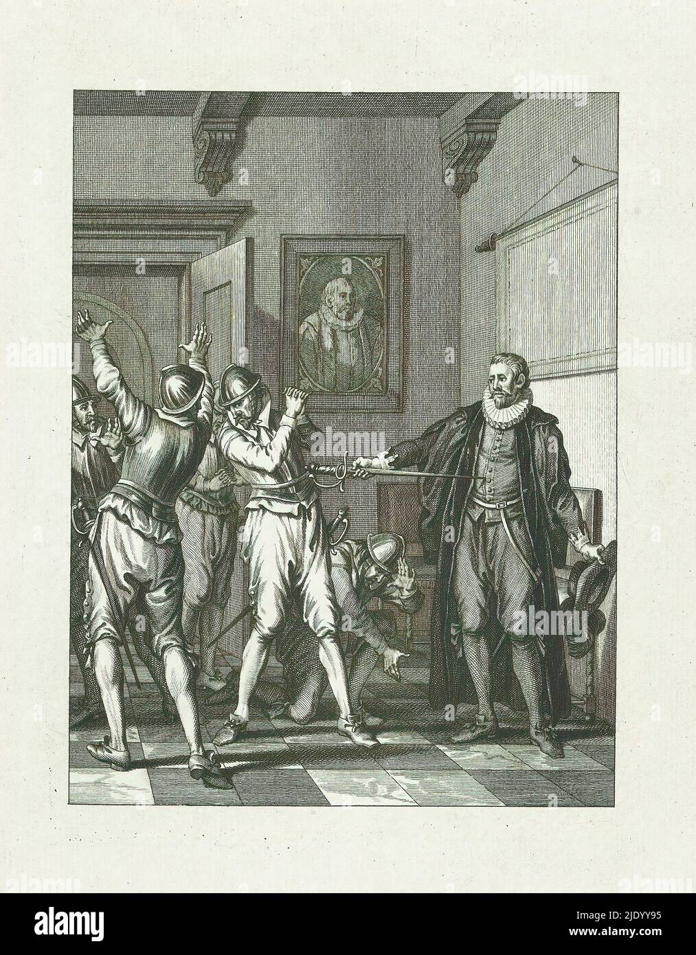Standhaftigkeit des Bürgermeisters van der Werff, 1574, Standvastigheid van v.d. Werf / XV. zang (Titel auf Objekt), Taferelen uit het leven van prins Willem I, 1568-1584 (Serientitel), Kunstplatten gehörende tot het herdenicht Willem den Eersten, in vier en twintig zangen door den Nederlandschen dichter J. Nomsz. (Serientitel zum Objekt), Standvastigheid van burgemeester van der Werff tijdens het belegging van Leiden, 1574. Der Bürgermeister gibt Soldaten das Schwert, um ihn zu töten. Fünfzehntes Lied., Druckerei: Theodoor Koning, nach Entwurf von: Jacobus Buys, nach Zeichnung von: Jacobus Buys, Druckerei: Northern Net Stockfoto