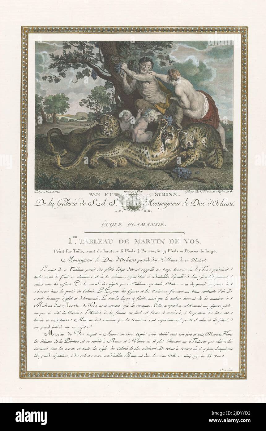 Pan und Syrinx, Gemälde aus der Sammlung des Herzogs von Orleans (Serientitel), La Galerie du Palais Royal (Serientitel), Pan und Syrinx, unter einem Baum, der sich über ein Traubenbündel ringt. Vor ihnen eine Gruppe von drei Tigern und zwei kleinen Kindern. Vollständig eingerahmt von einem ornamentalen Rahmen., Druckerei: Charles Nicolas Varin, (erwähnt auf Objekt), nach Malerei von: Maerten de Vos, (erwähnt auf Objekt), nach Zeichnung von: Antoine Borel, (erwähnt auf Objekt), Druckerei: Frankreich, nach Zeichnung von: Frankreich, Verlag: Paris, Verlag: Paris, Frankreich, 1786 - 1808, Papier, Ätzchin Stockfoto