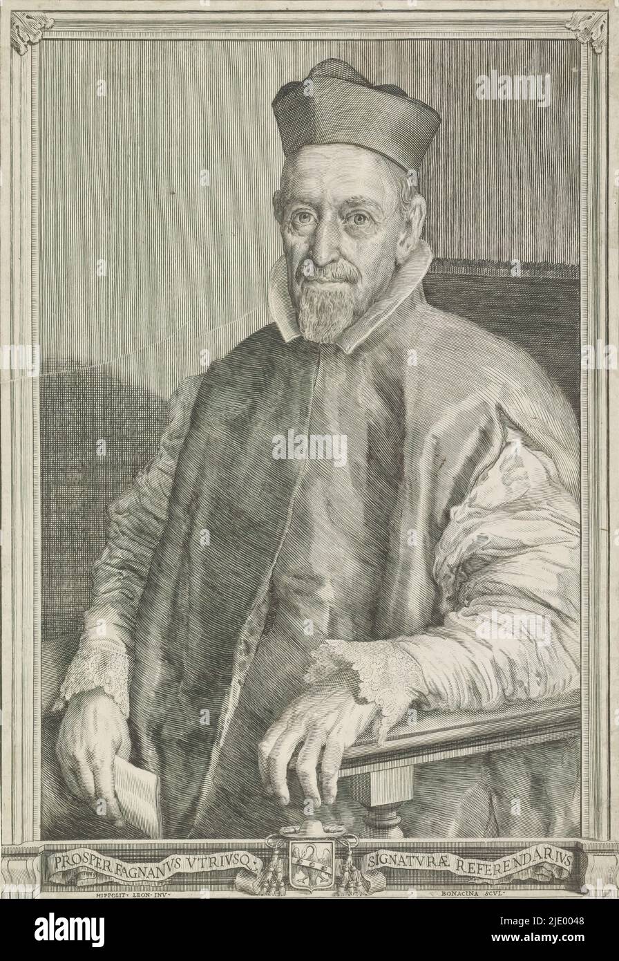 Porträt des Kardinals Prospero Fagnano, Druckerei: Giovanni Battista Bonacina, (auf Objekt erwähnt), nach Entwurf von: Ippolito Leoni, (auf Objekt erwähnt), Italien, 1625 - 1669, Papier, Radierung, Gravur, Höhe 335 mm × Breite 231 mm Stockfoto