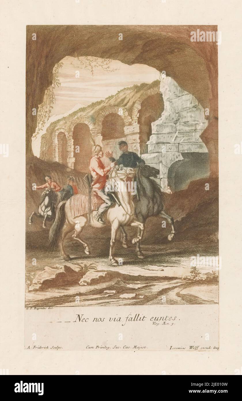 Reiter im Gespräch, NEC nos via fallit euntes (Titel auf Objekt), Druckerei: Jacob Andreas Fridrich (I), (Erwähnung auf Objekt), nach Zeichnung von: Georg Philipp Rugendas (I), (Erwähnung auf Objekt), Verlag: Jeremias Wolf, (Erwähnung auf Objekt), Verlag: Augsburg, Heilige Roomse Rijk, 1694 - 1724, Papier, Gravur, Radierung, Höhe 284 mm × Breite 171 mm Stockfoto