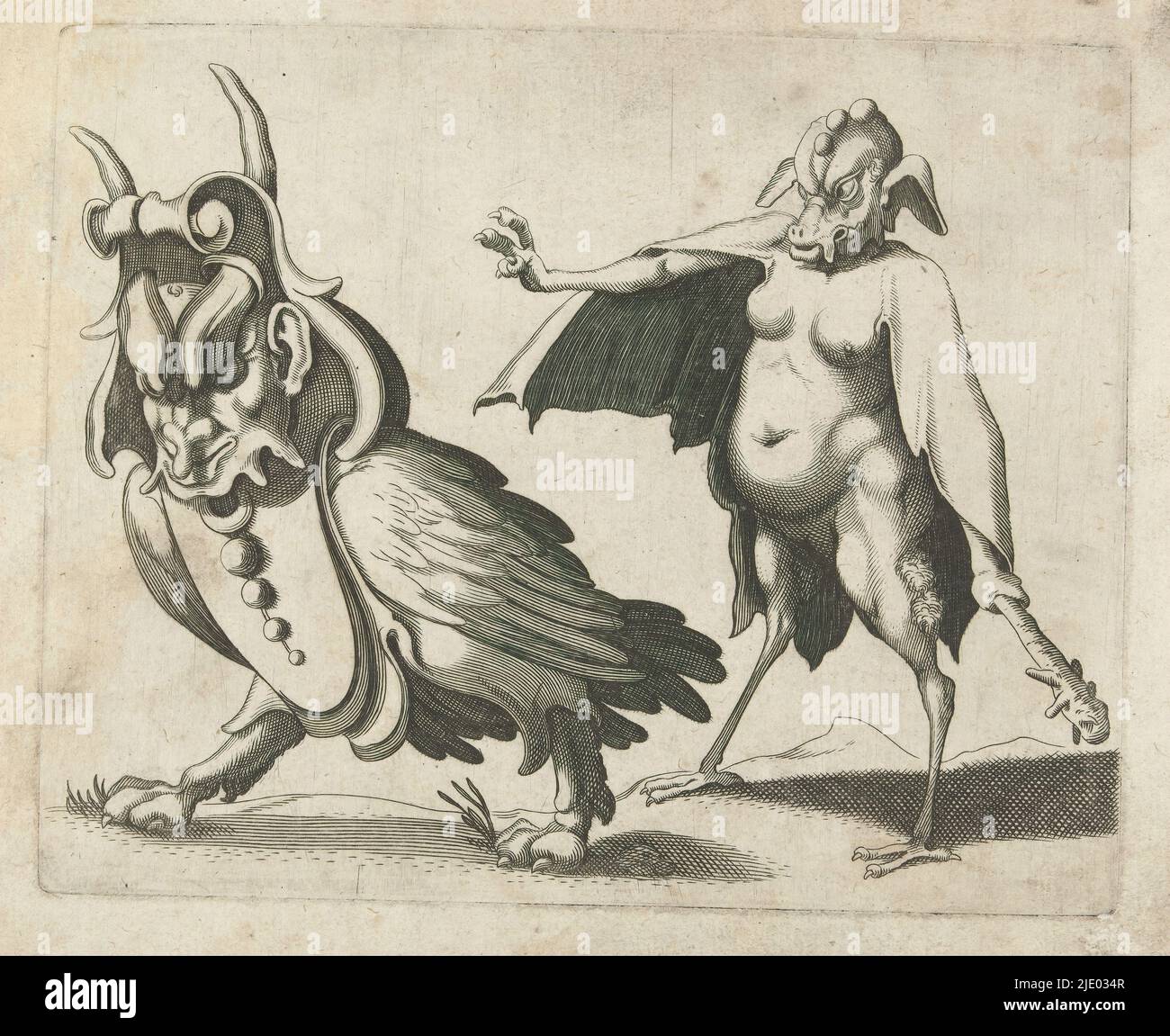 Zwei Grotesken, zwei groteske Figuren: Die linke mit dem Körper des Vogels, die rechte mit dem Kopf eines Schweins auf dem menschlichen Körper mit den Beinen des Vogels, eine Keule in der Hand. Aus Serie von 12., Papier, Gravur, Höhe 142 mm × Breite 174 mm Stockfoto