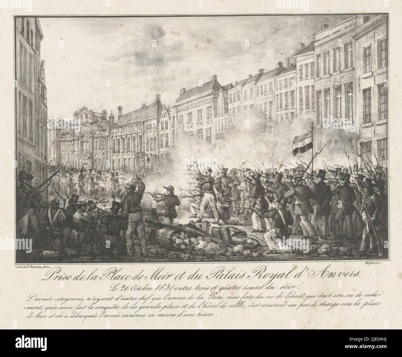 Eroberung des Meir, 1830, Pry de la Place de Meir du Palais Royal d'Anvers (Titel auf Objekt), neunzehn Tafeln der Kämpfe in Antwerpen, 26.-27. Oktober 1830 (Serientitel), Eroberung durch die Aufständischen des Meir und des Königspalastes auf dem Meir in Antwerpen am 26. Oktober 1830. Im Vordergrund die Aufständischen hinter einer Barrikade, die auf die holländischen Truppen schießen. Mit fünfzeiliger Beschriftung. Teil einer Serie von neunzehn Tafeln der Kämpfe in Antwerpen, 26.-27. Oktober 1830., Druckerei: Anonym, Drucker: Henry Ratinckx, Druckerei: Belgien, Drucker: Antwerpen, 1830 - 1831, Papier, Höhe 275 mm × Stockfoto