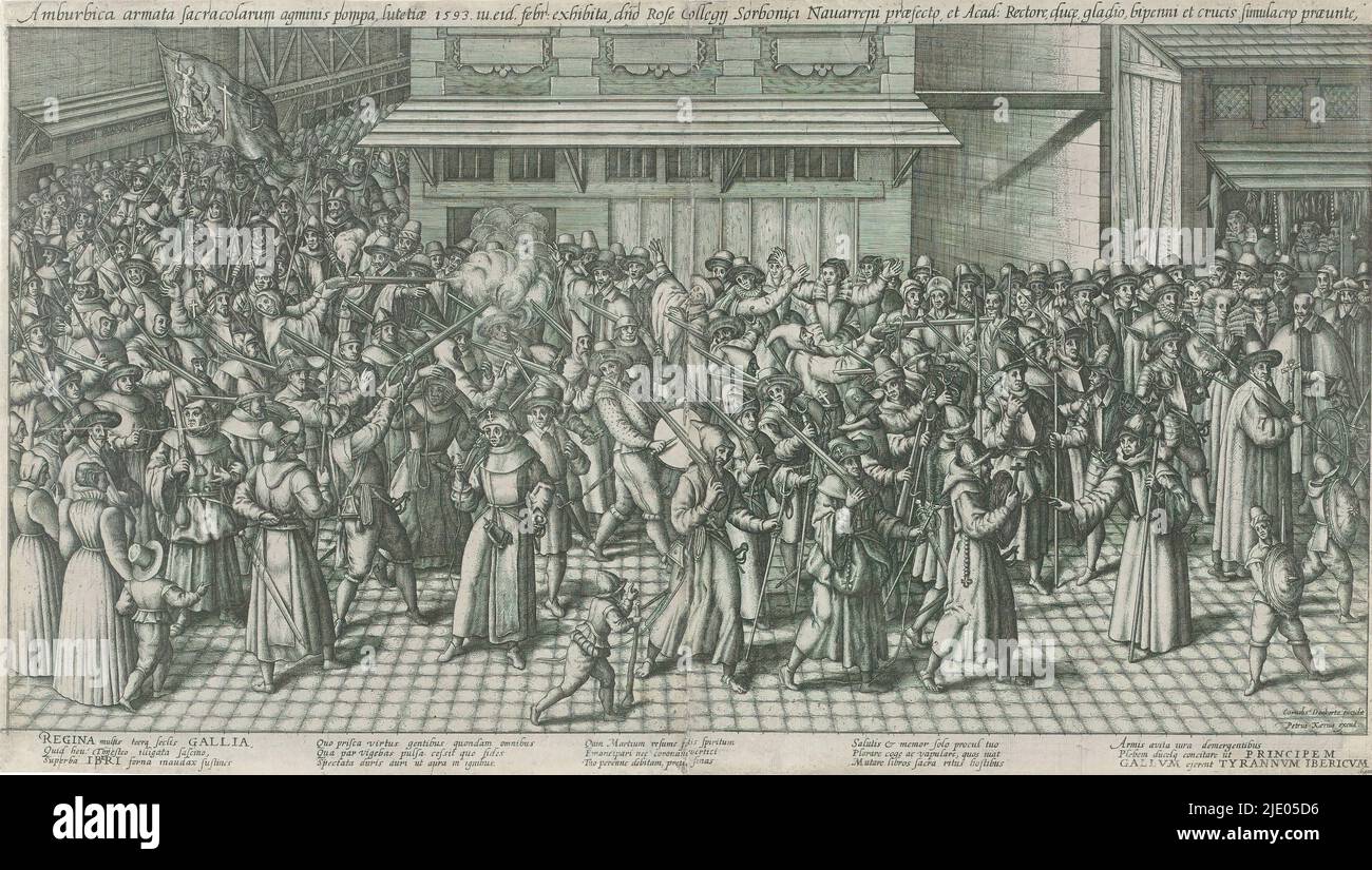 Prozession der Mitglieder der Ligue in Paris, 1593, La Procession de la Lige, Eine Prozession von bewaffneten Mönchen und anderen Mitgliedern der Ligue in Paris im Jahr 1593. Einige der Mönche feuern ihre Gewehre um sie herum, während eine Gruppe von Bürgern darauf schaut. Auf der linken Seite halten einige Mönche eine Fahne in der Luft, auf der der heilige Georg den Drachen mit seiner Lanze erschlägt. Ähnliche Paraden fanden zwischen 1590 und 1593 in Paris häufiger statt., Herausgeber: Pieter van der Keere, (auf Objekt erwähnt), Druckerei: Anonym, Verlag: Cornelis Danckerts (I), (auf Objekt erwähnt), Niederlande, c. 1593, Papier, Radierung, h Stockfoto