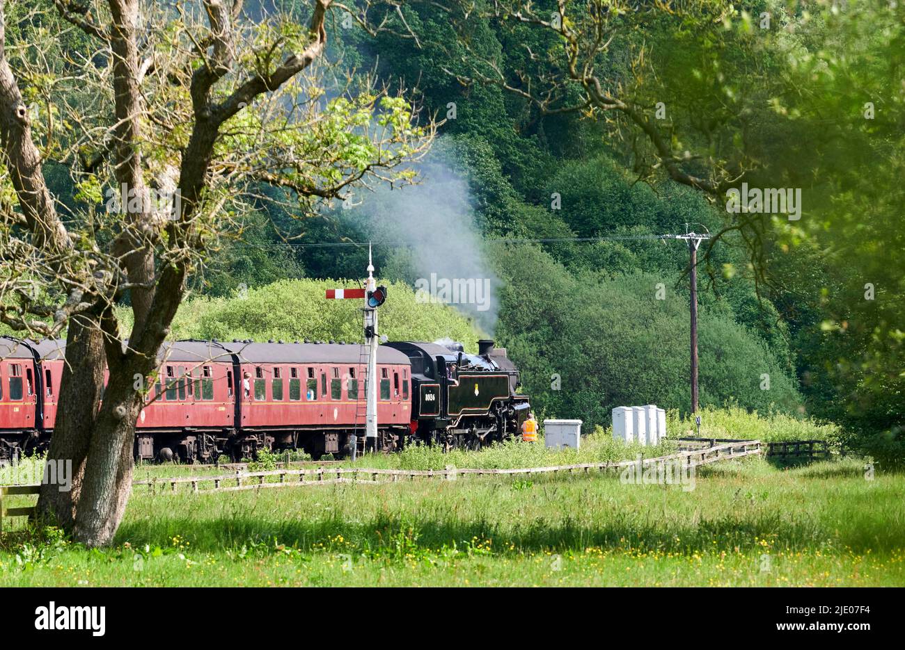 Dampfzug auf der North Yorks Moors Railway in Levisham, North Yorkshire Moors National Park, Nordengland, Großbritannien Stockfoto