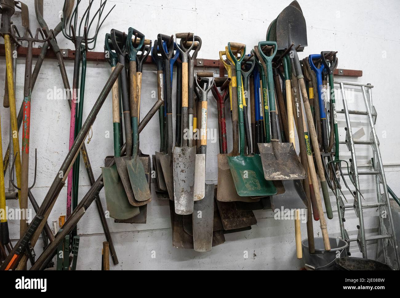 Sammlung von Werkzeugen, die in einer Werkstatt hängen, einschließlich Spaten, Schaufeln, Pitchgabeln und Gartengabeln Stockfoto