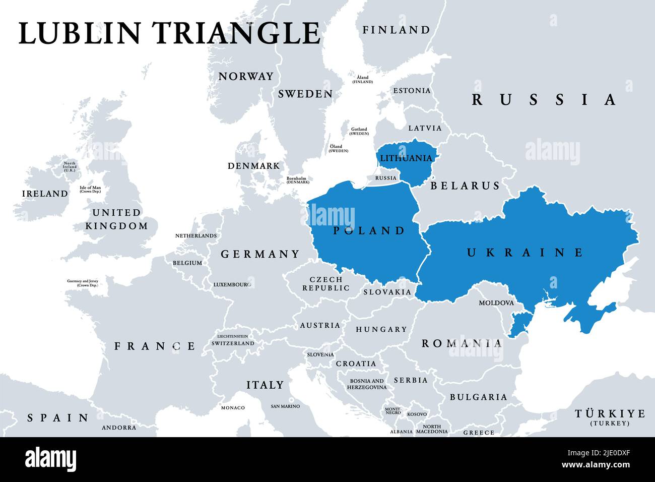 Lubliner Dreieck, politische Landkarte. Die europäischen Länder verbünden sich aus Litauen, Polen und der Ukraine, um die Zusammenarbeit zu stärken und die Ukraine zu unterstützen. Stockfoto