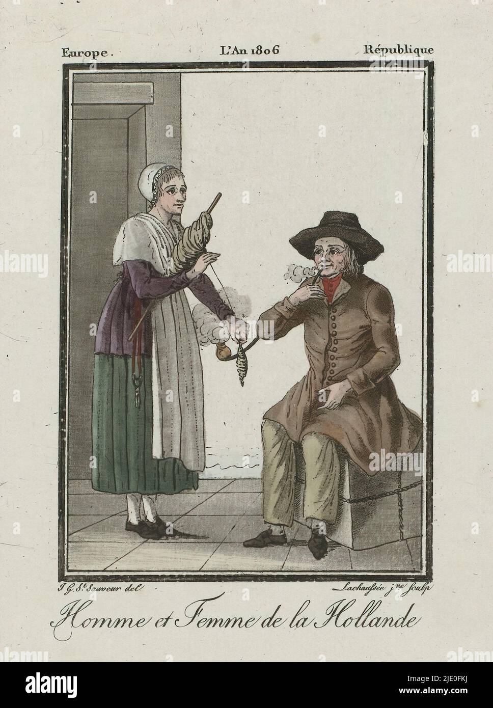 Europa, République, L'an 1806 : Homme et Femme de la Hollande, Frau mit Spinnenrock und Pfeifenraucher, in holländischer Tracht., Druckerei: Lachaussée, (auf Objekt erwähnt), nach Zeichnung von: Jacques Grasset de Saint Sauveur, (auf Objekt erwähnt), 1806, Papier, Radierung, Höhe 163 mm × Breite 112 mm Stockfoto