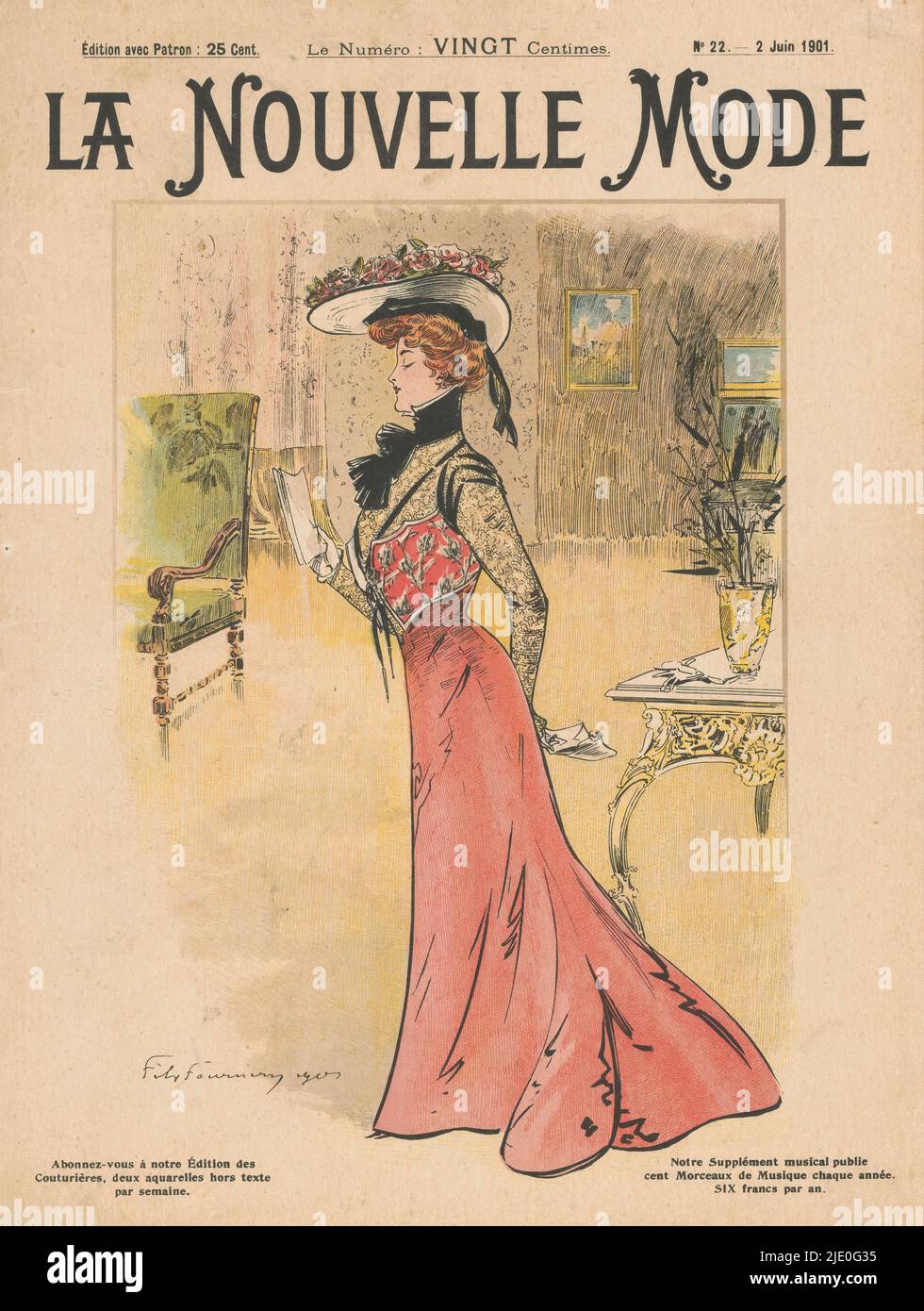 The Fashion Magazine as Temptress, La Nouvelle Mode, No. 22: 2 Juin 1901: Cover mit Lady Lesung, Cover of La Nouvelle Mode, No. 22 2 Juin 1901: lady in feinem Interieur, Hut mit breitem Rand und schwarzem Band am Kopf, liest einen Brief. , Nach Zeichnung von: Félix Fournery, Verlag: Anonymous, Paris, 1901, Papier, Höhe 315 mm × Breite 235 mm Stockfoto